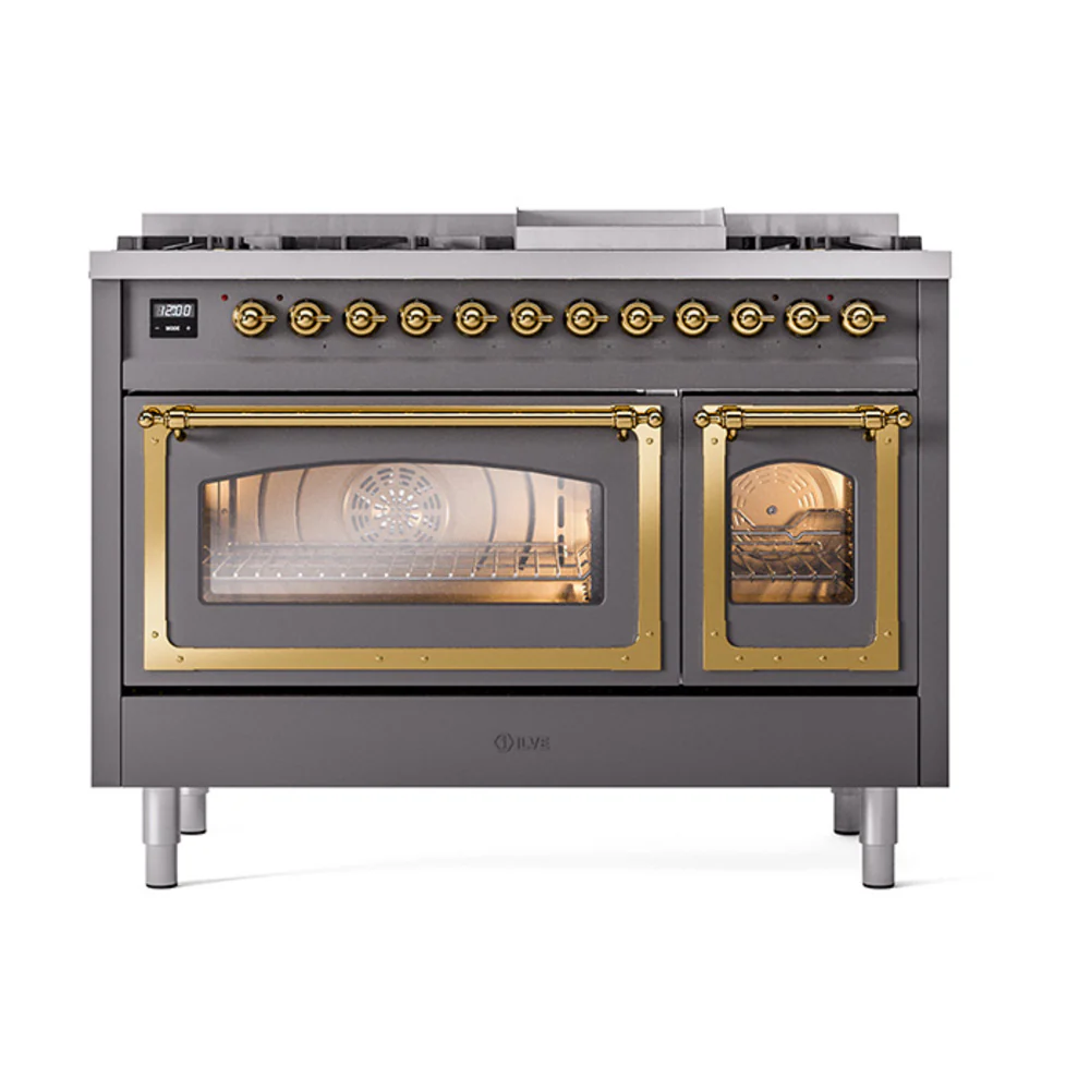 ILVE Nostalgie II Noblesse 48-Inch Dual Fuel Freestanding Range in Matte Graphite with Brass Trim (UN48FNMPMGG)