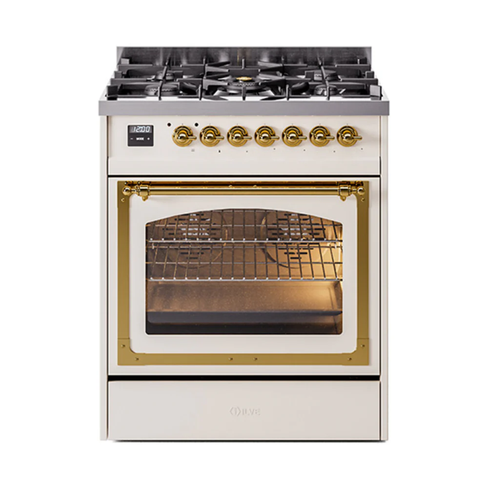 ILVE Nostalgie II Noblesse 30-Inch Dual Fuel Range with Triple Glass Door in Antique White with Brass Trim (UN30NMPAWG)