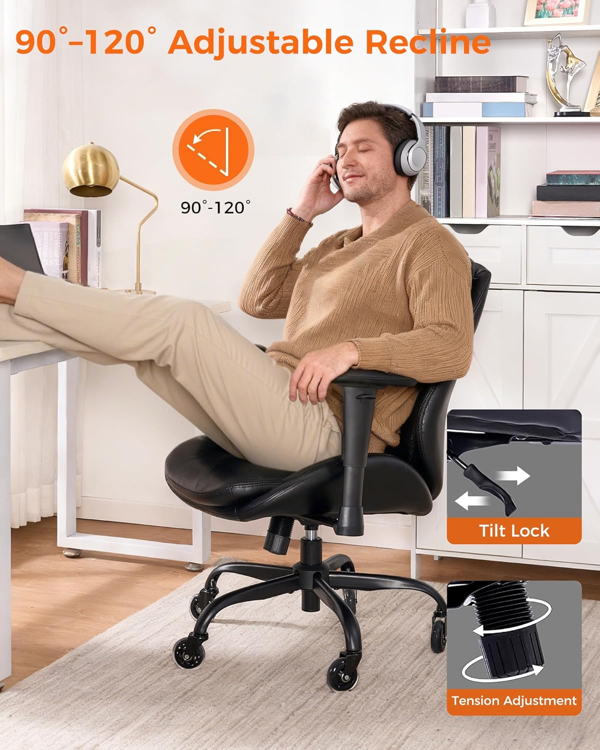 BEWISHOME Leather Ergonomic Office Chair, Home Office Chair, Black Desk Chair with Lumbar Support, Executive Office Chair, Computer Desk Chair with Adjustable Armrests & Quiet Wheels