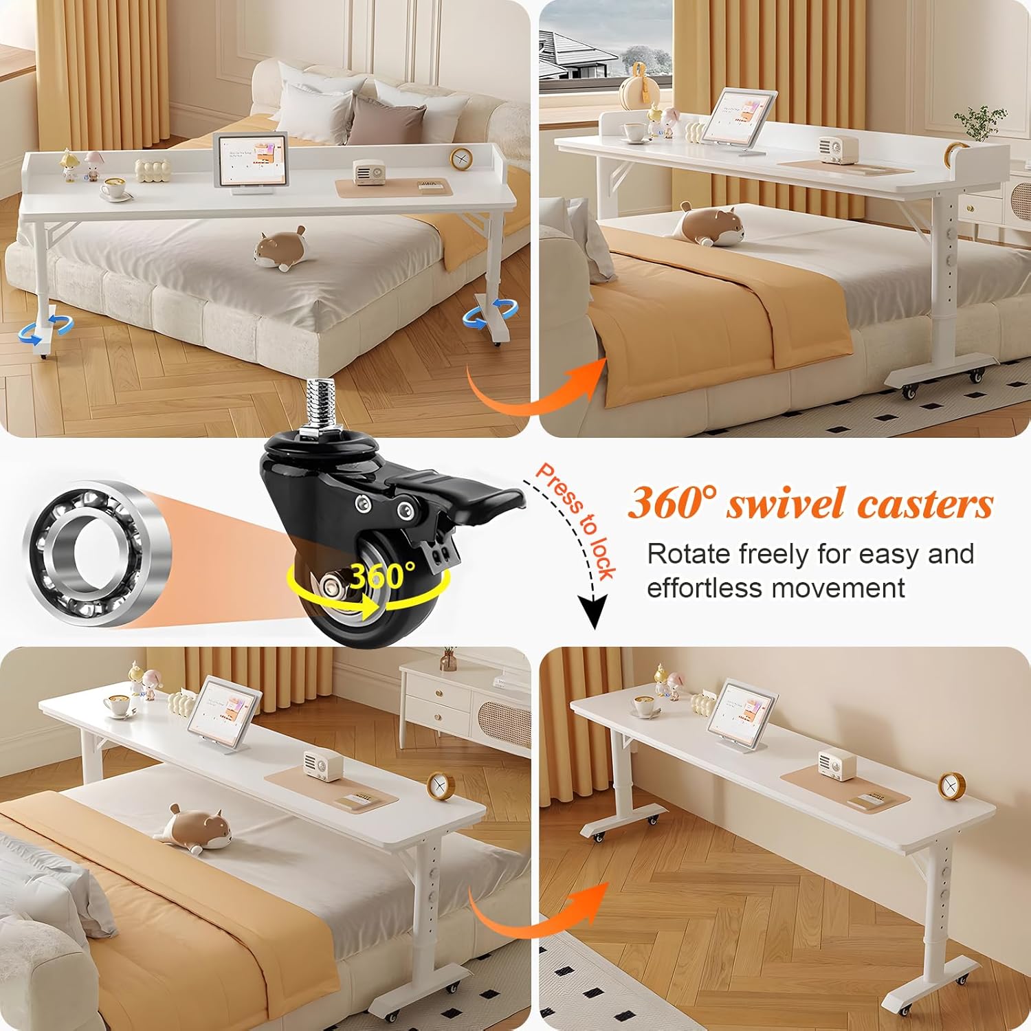 Over The Bed Table with Wheels, Adjustable Height Overbed Desk, Rolling Over Bed Desk, Giant Portable Mobile Laptop Cart for Computer, Bedroom Work, 90.6