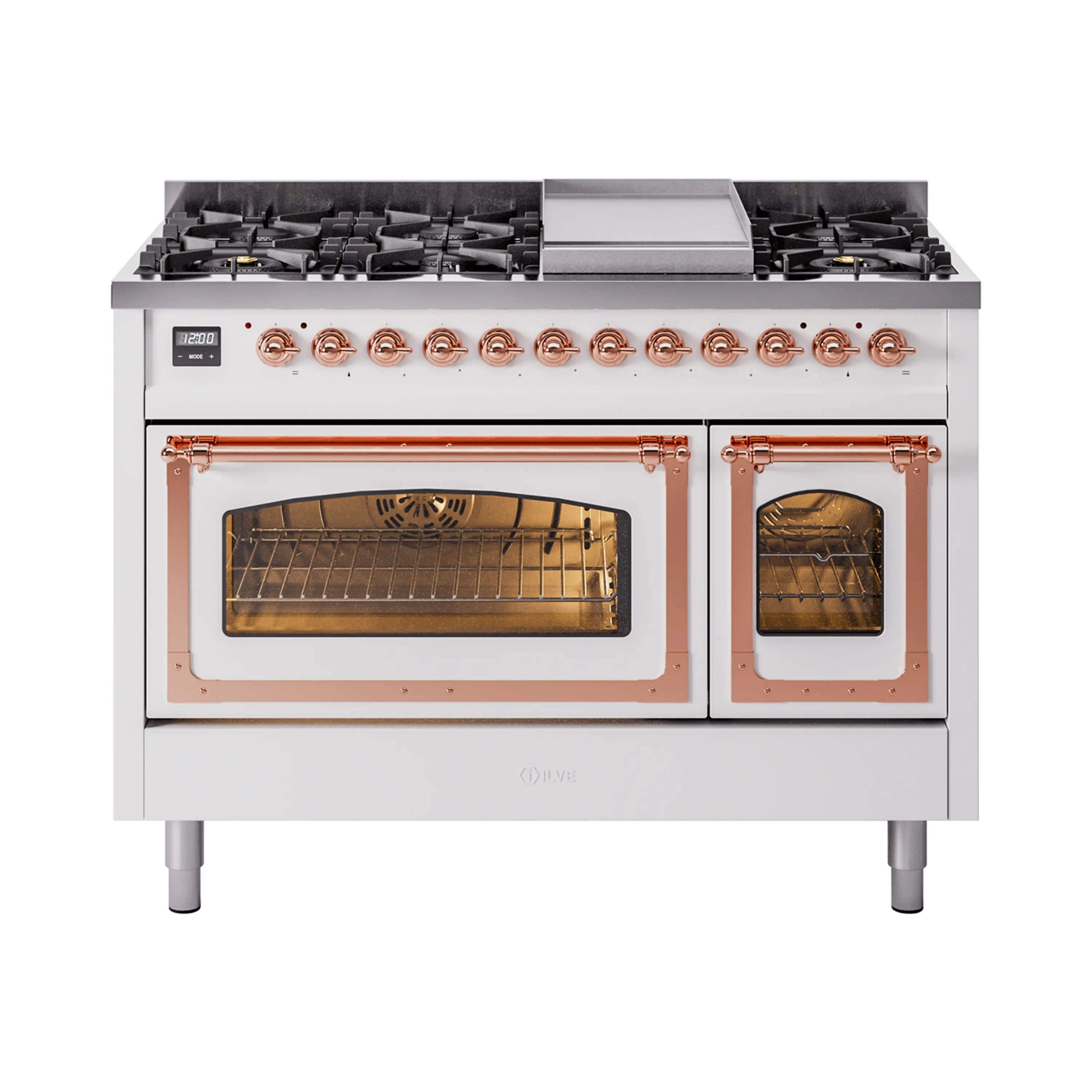 ILVE Nostalgie II Noblesse 48-Inch Dual Fuel Freestanding Range in White with Copper Trim (UN48FNMPWHP)
