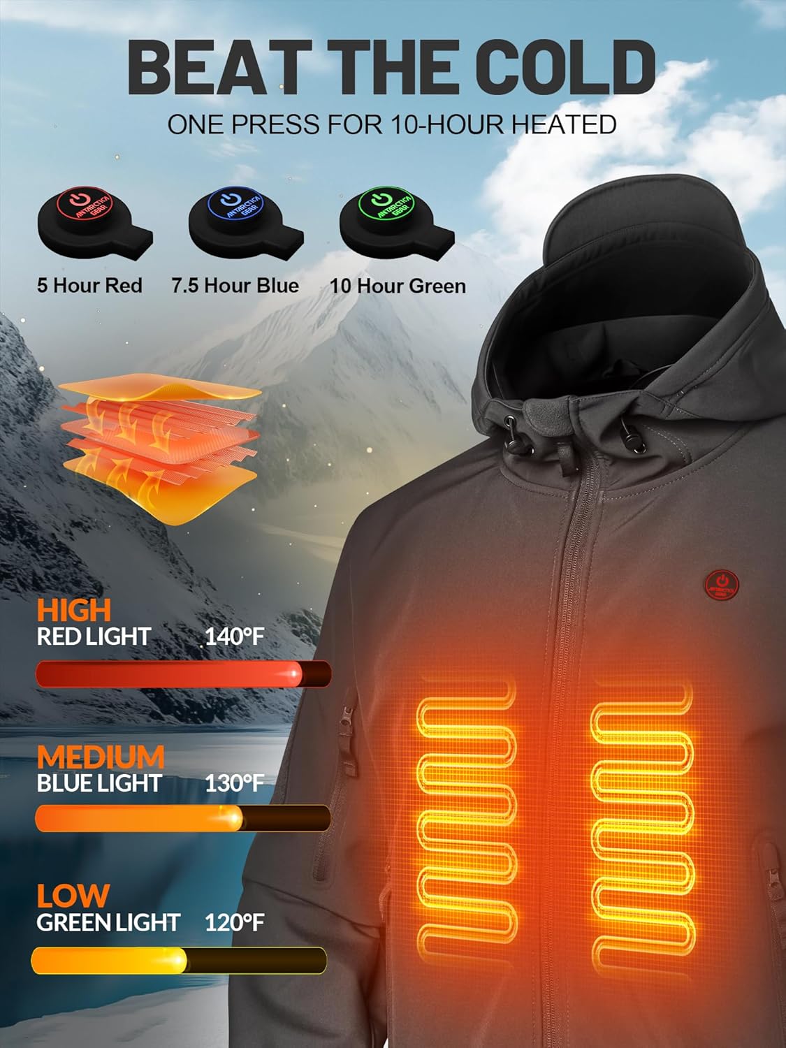 ANTARCTICA GEAR Men's Heated Jacket with 12V 15000mAh Battery, Water-Resistant Winter Softshell Hooded Coat