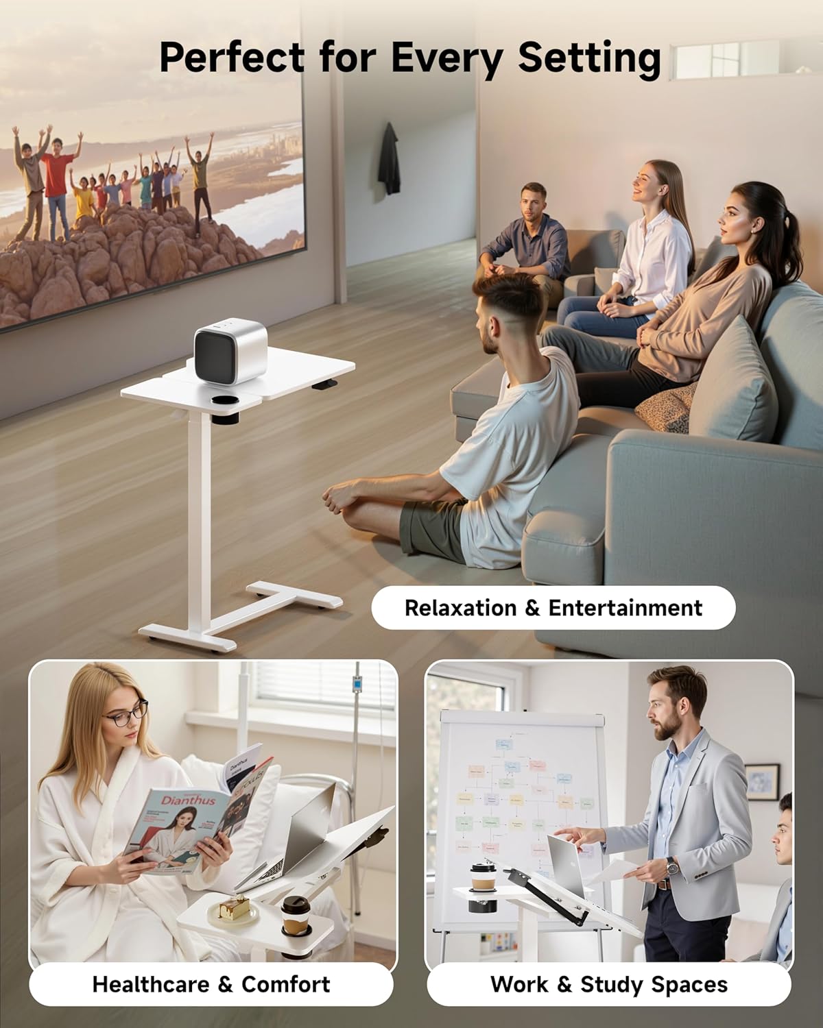 BZIUM Overbed Bedside Table with Hidden Wheels, Adjustable Medical Tilt Top Hospital Bed Table Over The Bed, Rolling Desk Mobile Standing Desk (27.6x15.8, White)