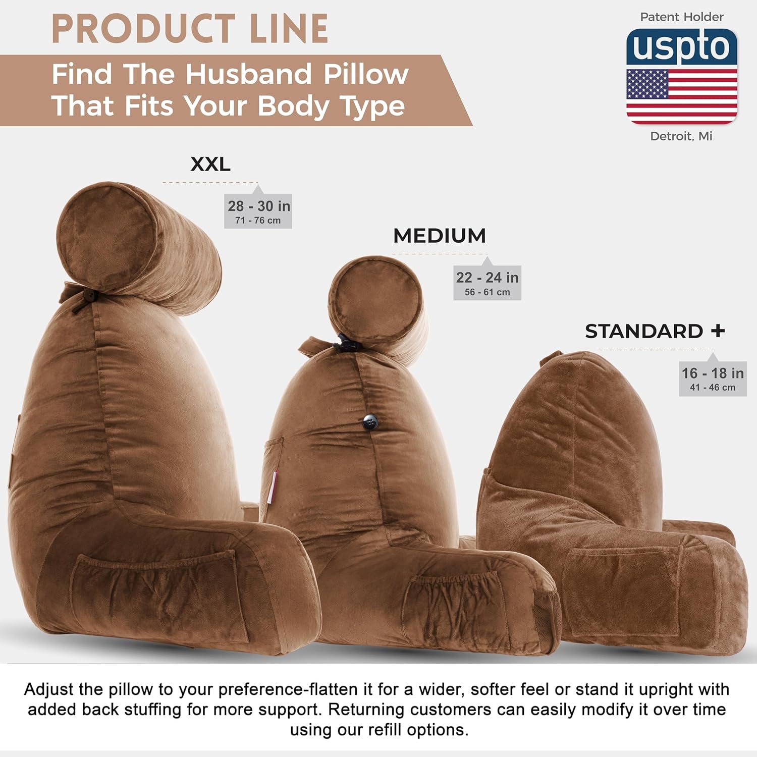 Husband Pillow XXL - Reading Pillow Bed Chair with Arms & Back Support - Chocolate - Back Pillow for Bed Sitting Up - BedRest Arm Pillow - Comfy Reading Pillow for Adults