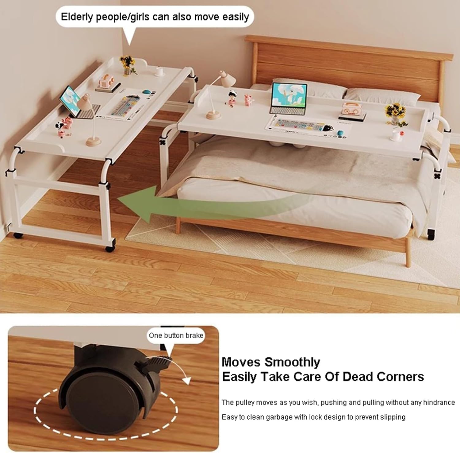 Adjustable 115-210cm Overbed Table with Wheels, Bed Tables Overbed Tables Rolling Storage Trolley Standing Workstation Adjust Height 65-95cm Computer Desk for Home and Hospital(White)