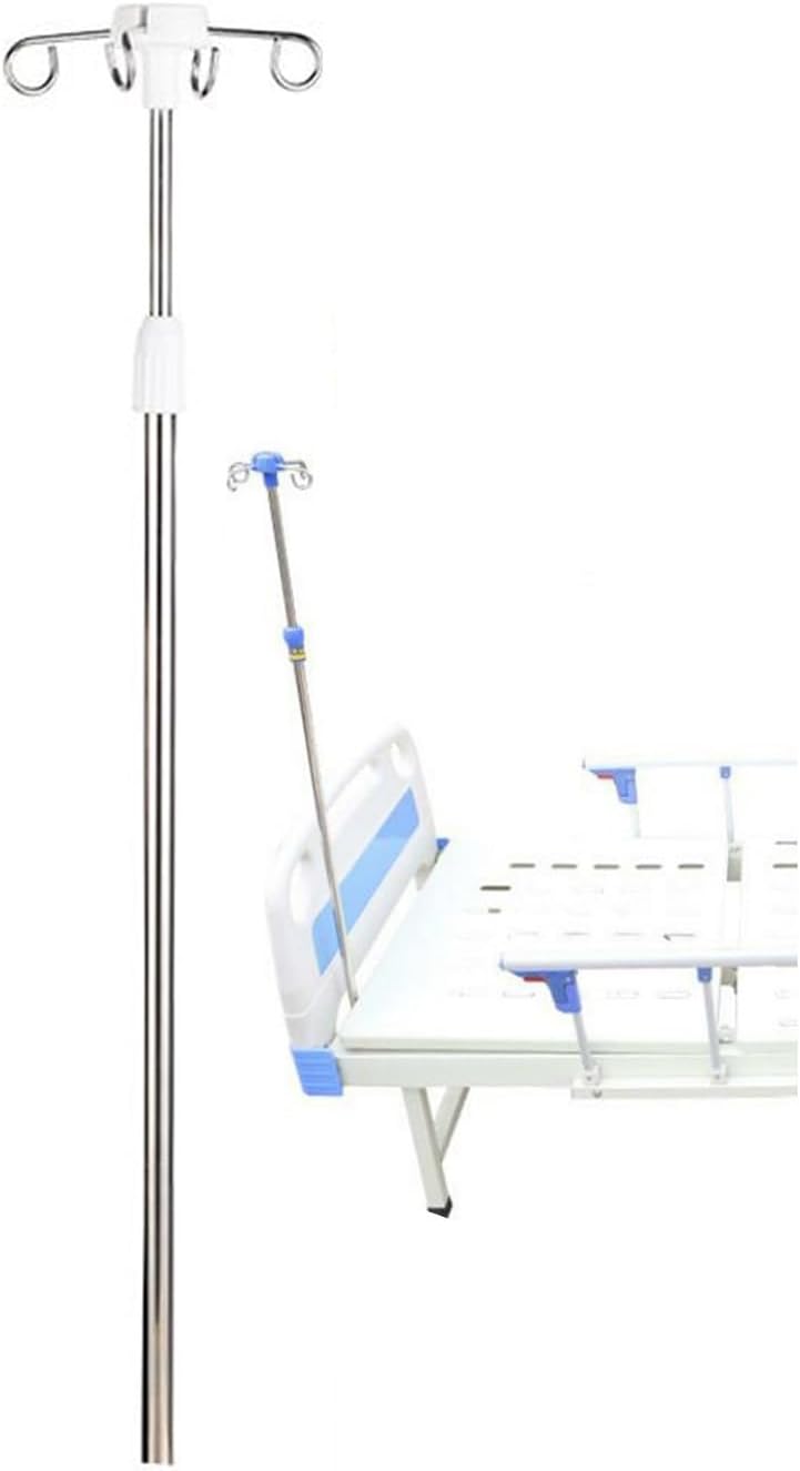 Height Adjustable IV Infusion Stand - Stainless Steel with 4 Hooks, Telescopic Design, Easy Install Bed Pole for Hospital & Home Use - Medical Equipment (White)