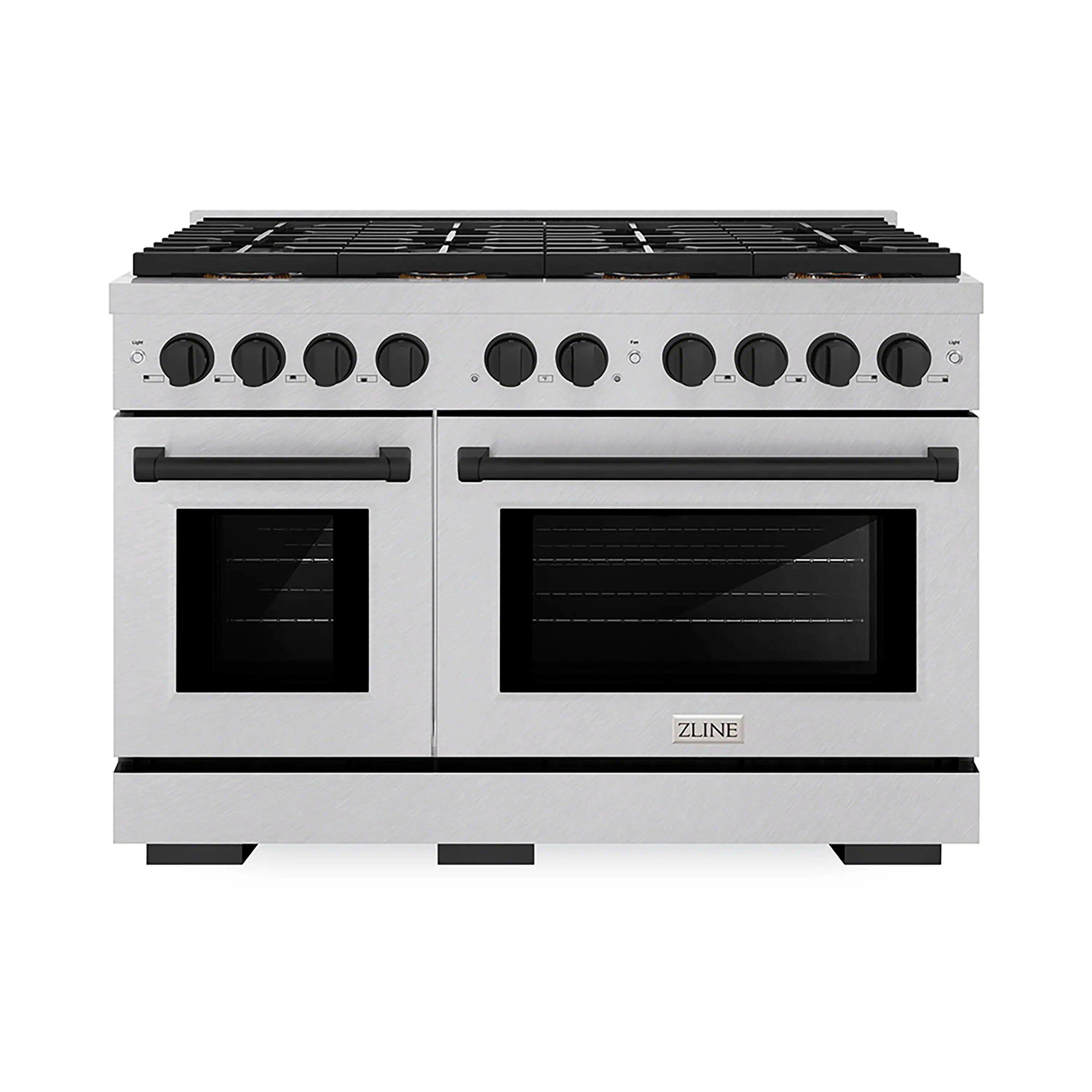 ZLINE Autograph Edition 48-Inch 6.7 cu. ft. Paramount Gas Range with 8 Burner DuoPro鈩?Cooktop and Dual Ovens in Satin Stainless Steel and Matte Black Accents (PSGRSZ-48-MB)