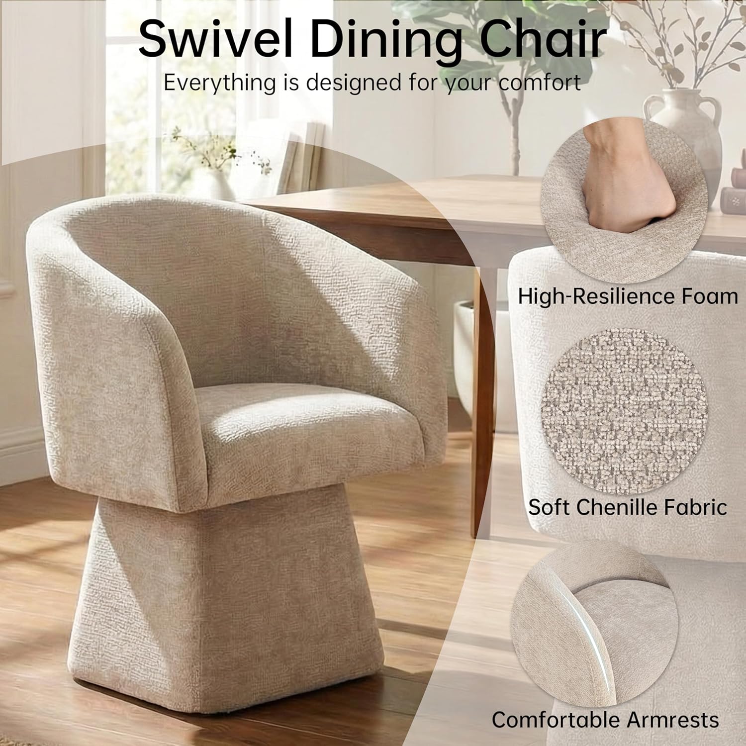 VKNOW Upholstered Swivel Dining Chairs Set of 4, Modern Dining Room Chairs with Barrel Back, Accent Arm Chair for Dining Room, Livingroom, Bedroom, Vanity, Khaki