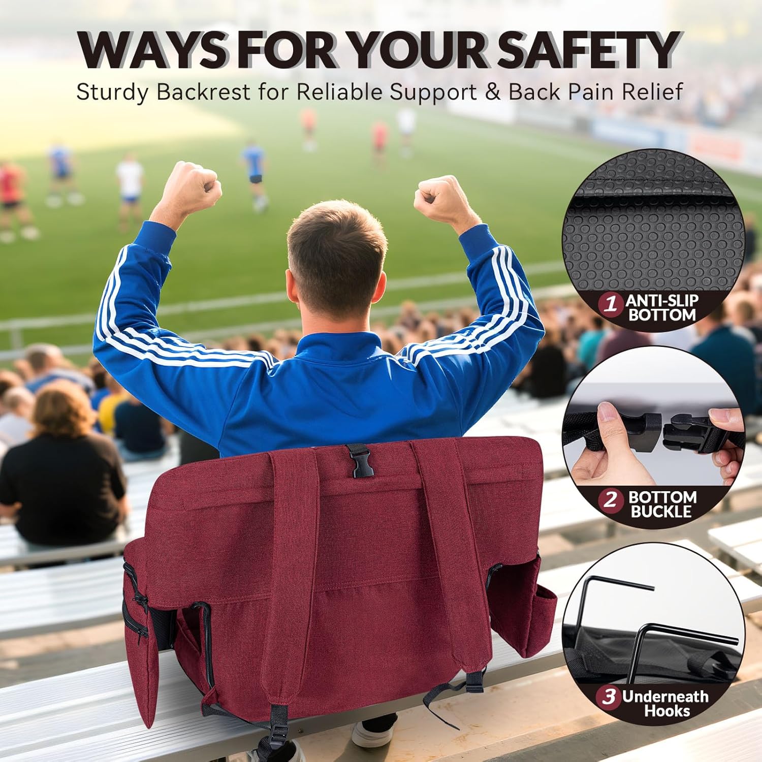 25inch Extra Wide Stadium Seat, Thick Bleacher Chair with Back Support and Cushion, 6 Reclining Positions Bleacher Seat with Armrest, Upgrade Sofa Style Stadium Chair for Sport Events and Outdoors