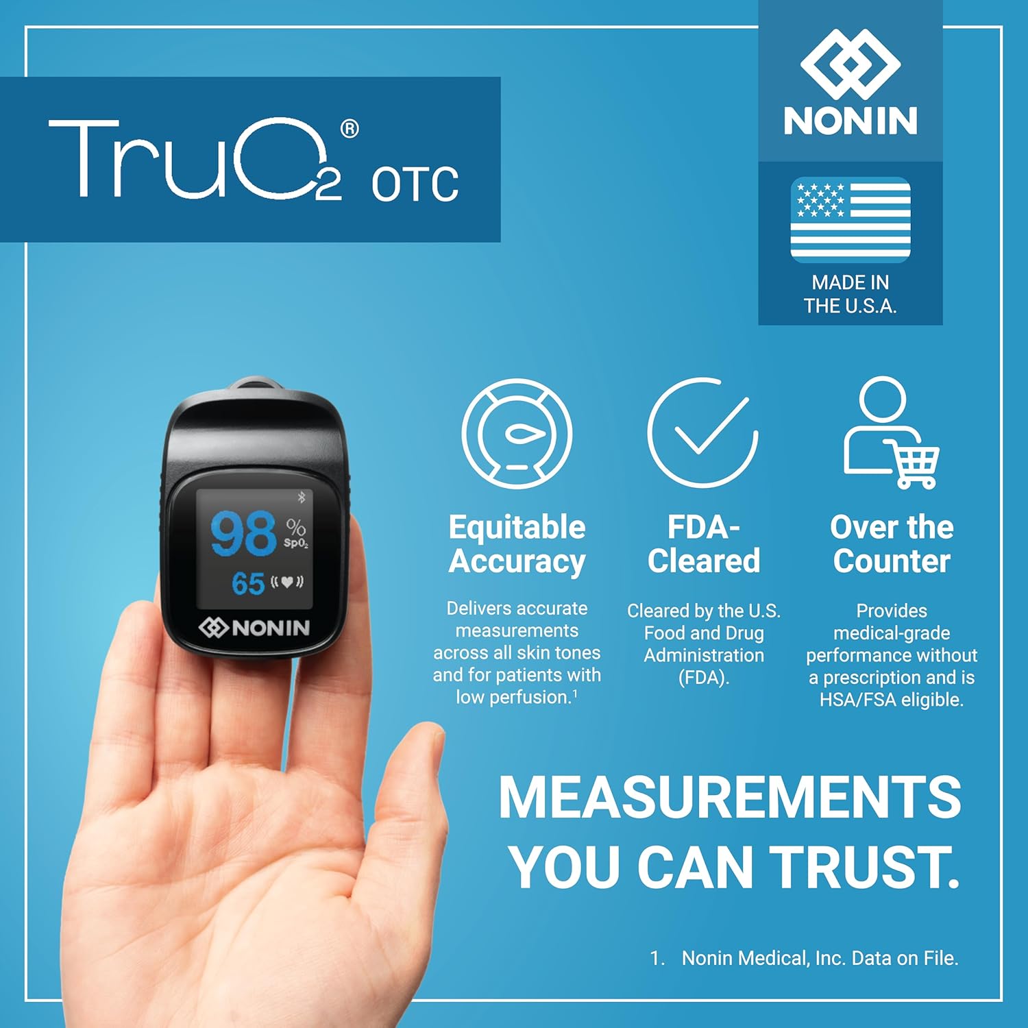 Nonin TruO2 OTC Pulse Oximeter Model 3250 FDA-Cleared, Over-The-Counter Medical Grade Wireless Fingertip Pulse Oximeter