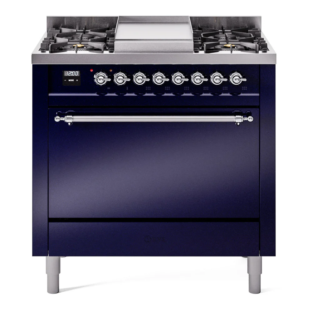 ILVE 36-Inch Nostalgie II Dual Fuel Range with 6 Burners and Solid Door Oven in Midnight Blue with Chrome Trim (UP36FQNMPMBC)