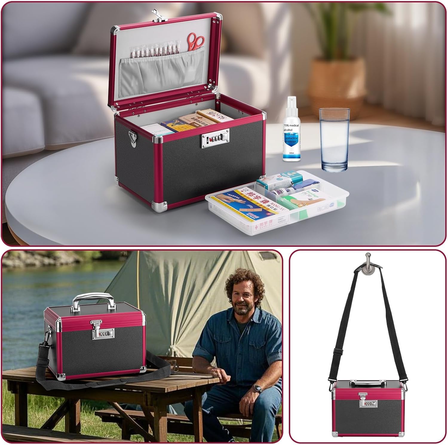 Medication Lock Box, 15x8.7x9.4 Inch Aluminum Alloy Medication Safe, First Aid Box with Detachable Tray & Travel Pouch, Childproof & Privacy Medicine Box for Home, Travel, Dorm (Black)