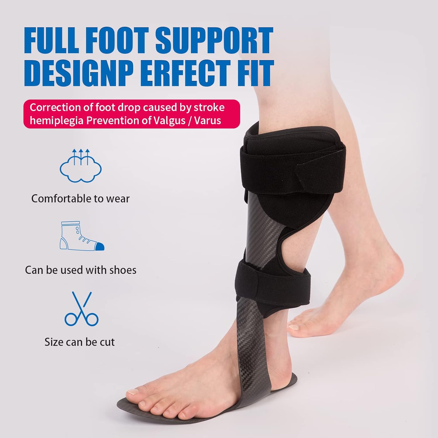 GHORTHOUD Carbon Fiber AFO Brace Lightweight Ankle Foot Orthosis AFO Rehabilitator Foot Drop Brace for Drop Foot, Ankle Instability or Limb Spasticity (Medium-Left)