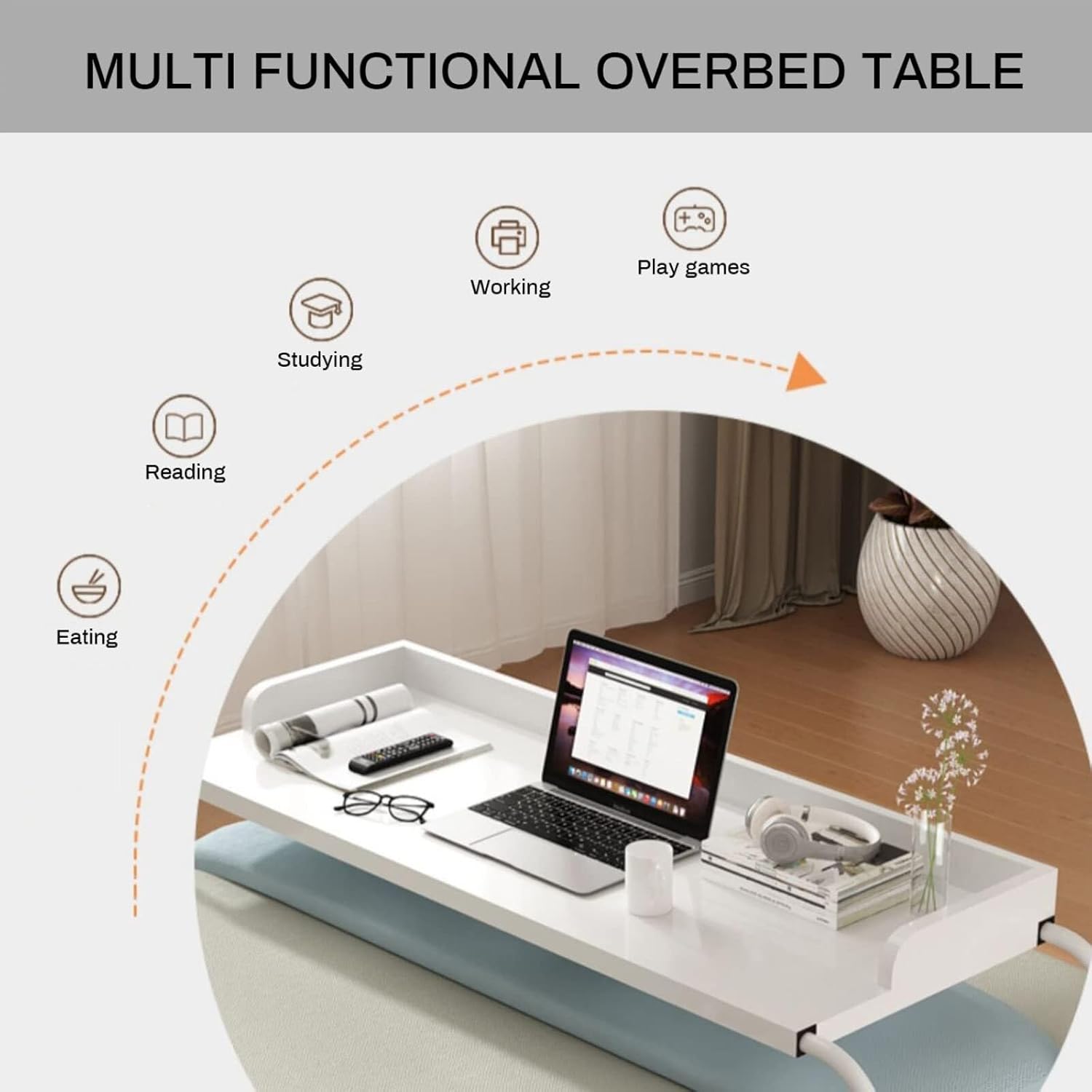 Overbed Table with Wheels Height Adjustable Computer Desk Standing Workstation Food Tray Desk Rolling Medical Table for Twin/Full/Queen/King Size Bed Frame(Beige)