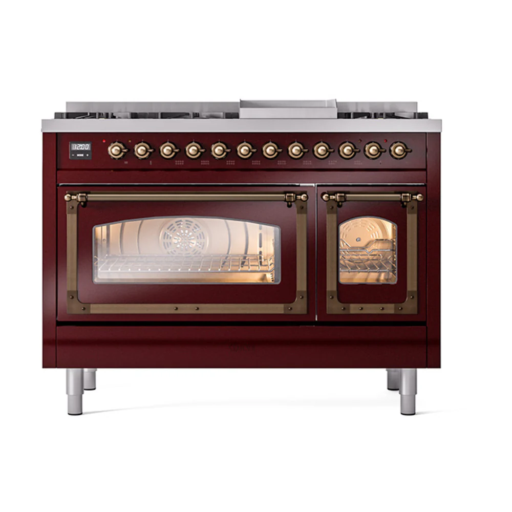 ILVE Nostalgie II Noblesse 48-Inch Dual Fuel Freestanding Range in Burgudy with Bronze Trim (UN48FNMPBUB)