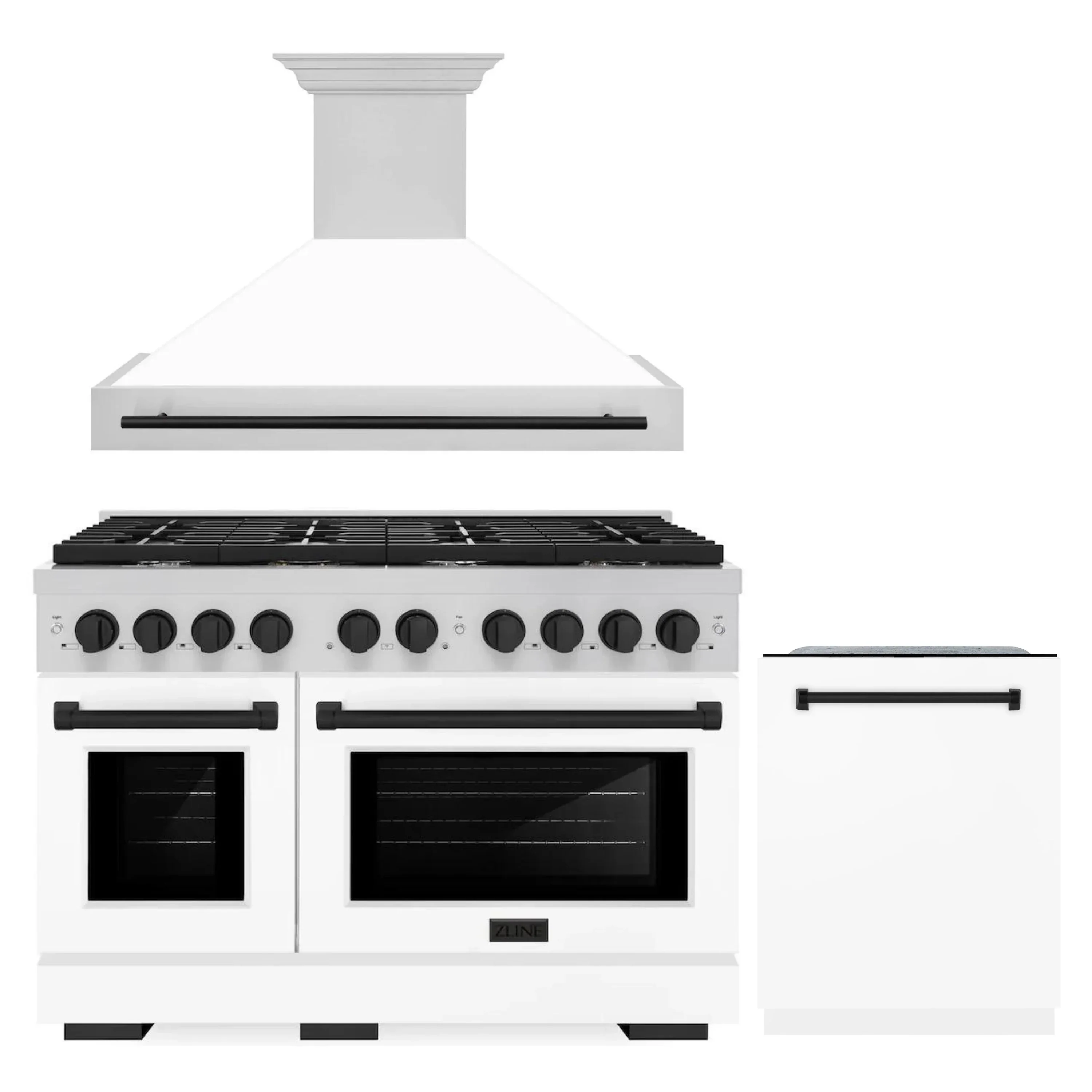 ZLINE Autograph Edition 3-Piece Appliance Package - 48-Inch Gas Range, Wall Mounted Range Hood, & 24-Inch Tall Tub Dishwasher in Stainless Steel and White Door with Matte Black Trim (3AKPR-SGRWMRH48-MB)