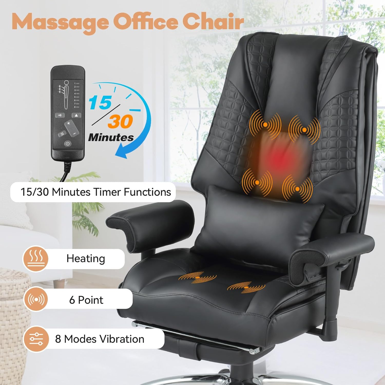 Vibrate Massage & Heating Office Chair with Foot Rest, Executive Office Chair with Reclining Backrest, Adjustable Arms & Lumbar Support, High Back Leather Desk Chairs for Home Office, Black