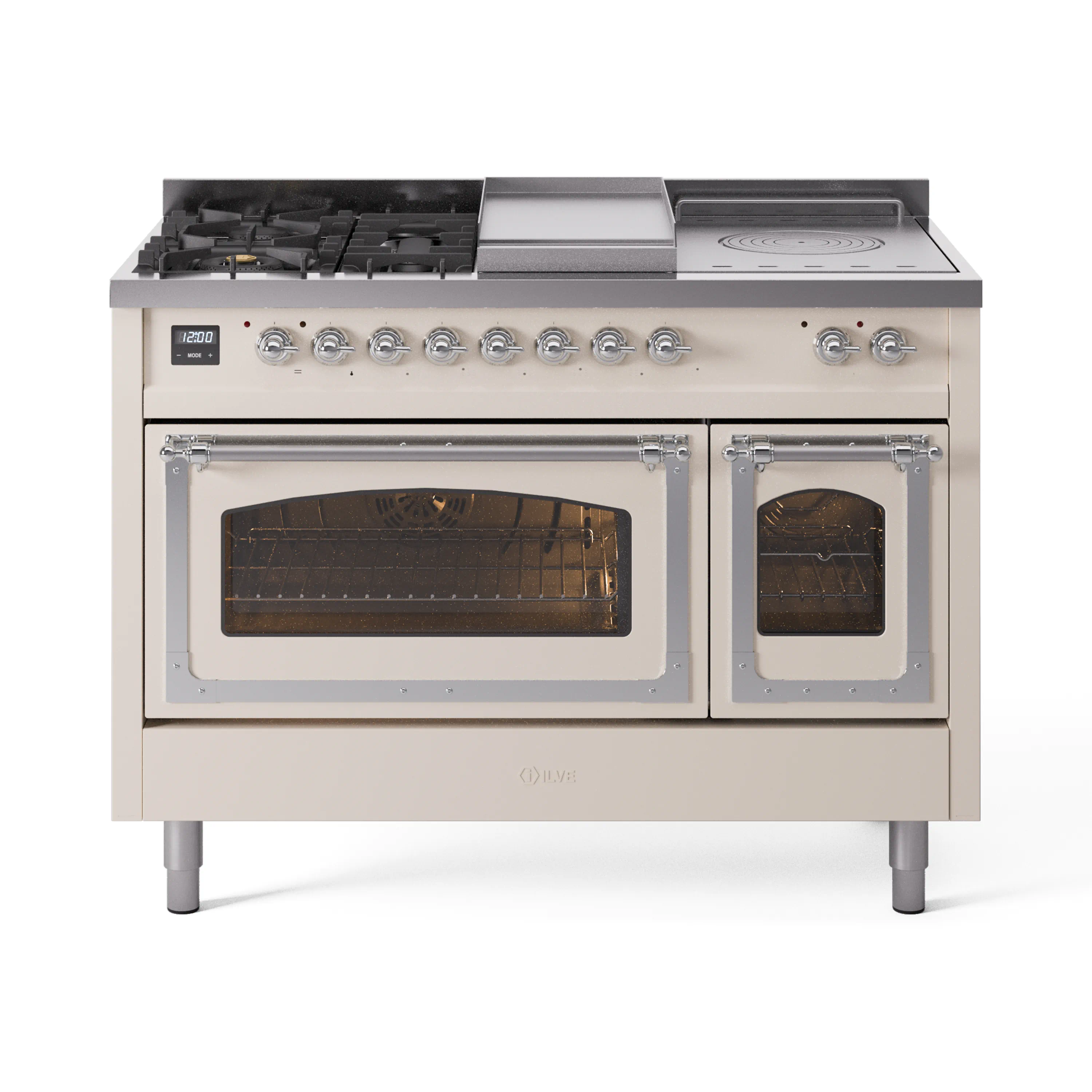 ILVE Nostalgie II Noblesse 48-Inch Dual Fuel Range with 5 Burners, Griddle, & French Top with Triple Glass Door Oven in Antique White with Chrome Trim (UN48FSNMPAWC)