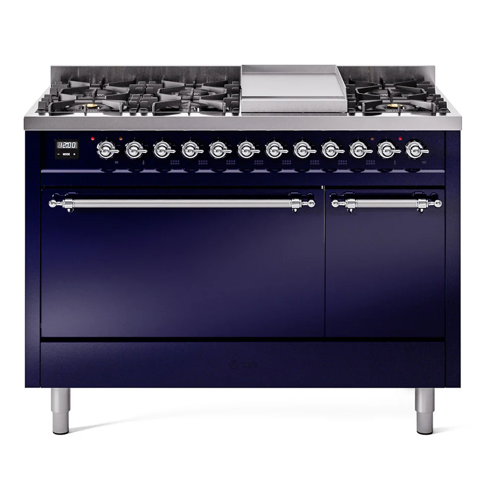 ILVE 48-Inch Nostalgie II Dual Fuel Range with 8 Burners, Griddle, and Solid Door Oven in Midnight Blue with Chrome Trim (UP48FQNMPMBC)