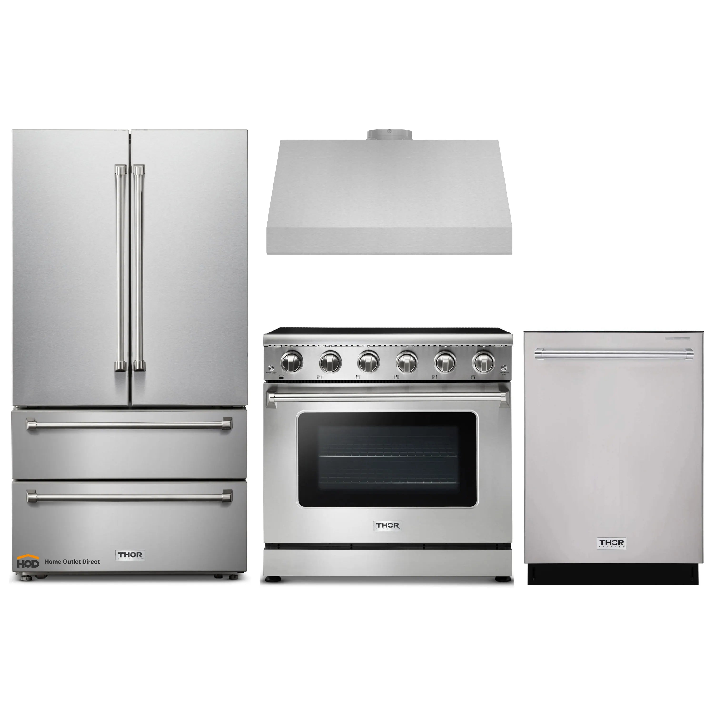Thor Kitchen 4-Piece Appliance Package - 36-Inch Electric Range, French Door Refrigerator, Under Cabinet Hood, and Dishwasher in Stainless Steel