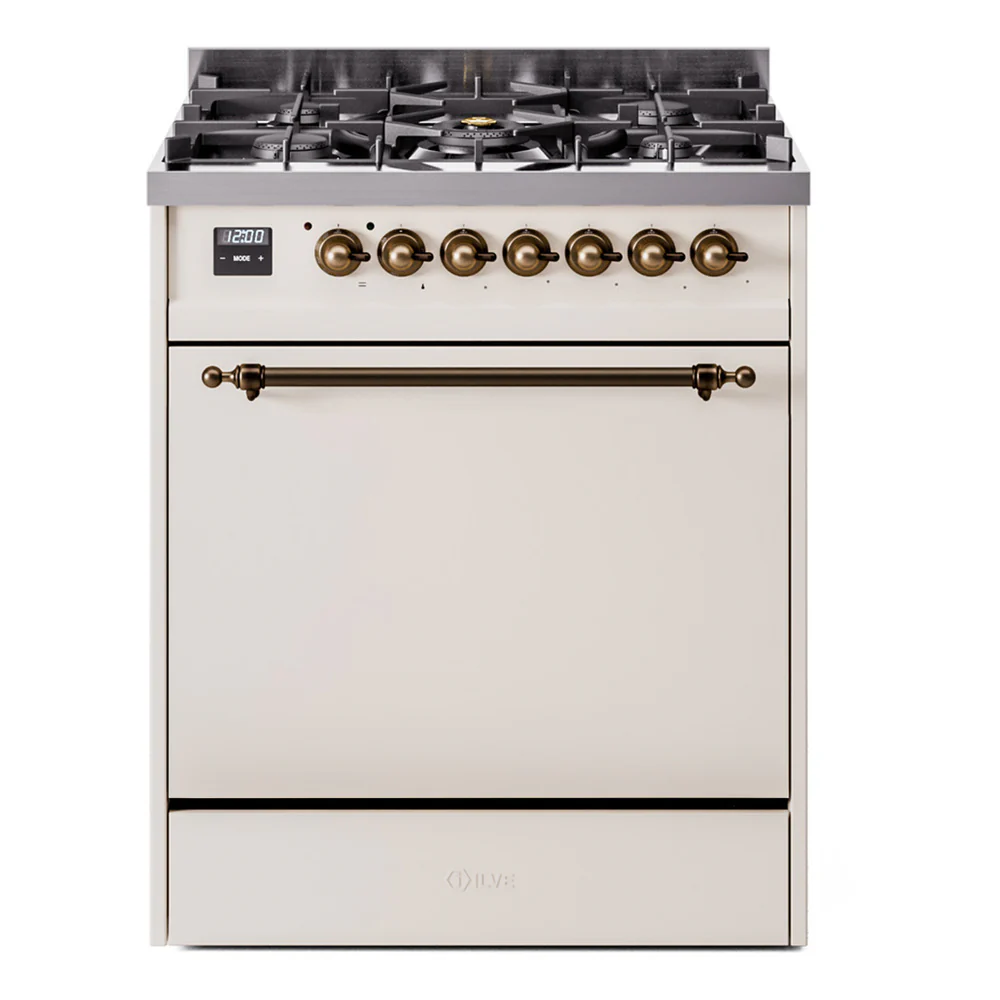 ILVE Nostalgie II 30-Inch Dual Fuel Range with Solid Door in Antique White and Bronze Trim (UP30QNMPAWB)