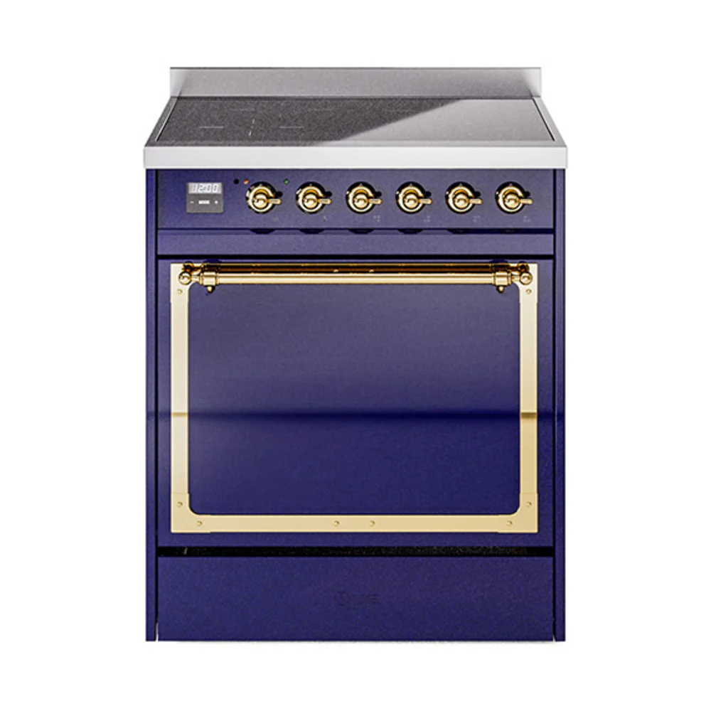 ILVE 30-Inch Nostalgie II Noblesse Induction Range with Solid Door Oven in Midnight Blue with Brass Trim (UNI304QNMPMBG)