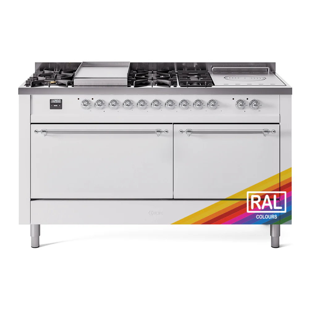 ILVE Nostalgie II 60-Inch Dual Fuel Range with 7 Burners, Griddle, & French Top with Solid Door Oven in Custom RAL with Chrome Trim (UP60FSQNMPRAC)