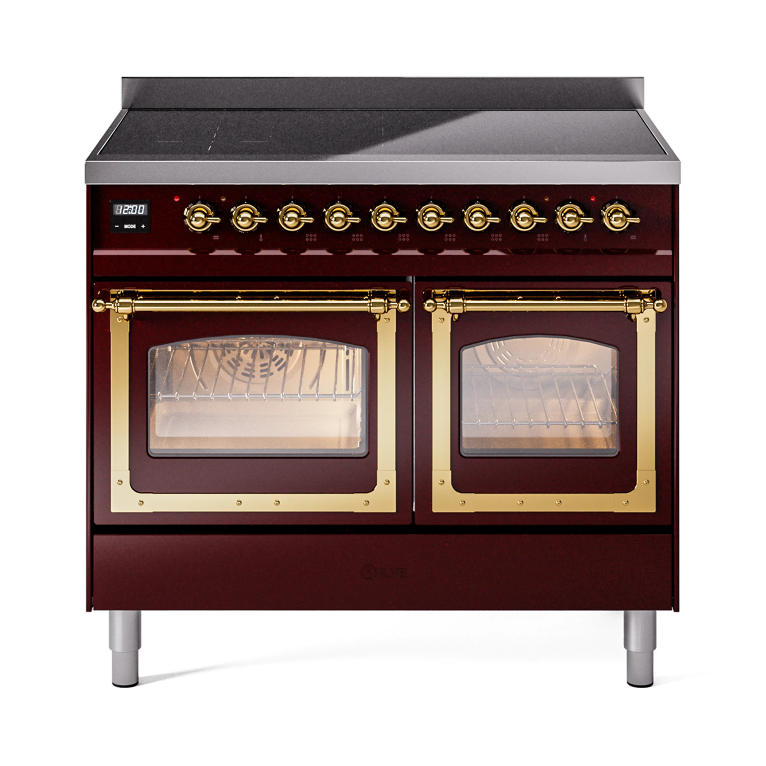ILVE 40-Inch Nostalgie II Noblesse Induction Range with Triple Glass Door in Burgundy with Brass Trim (UNDI406NMPBUG)