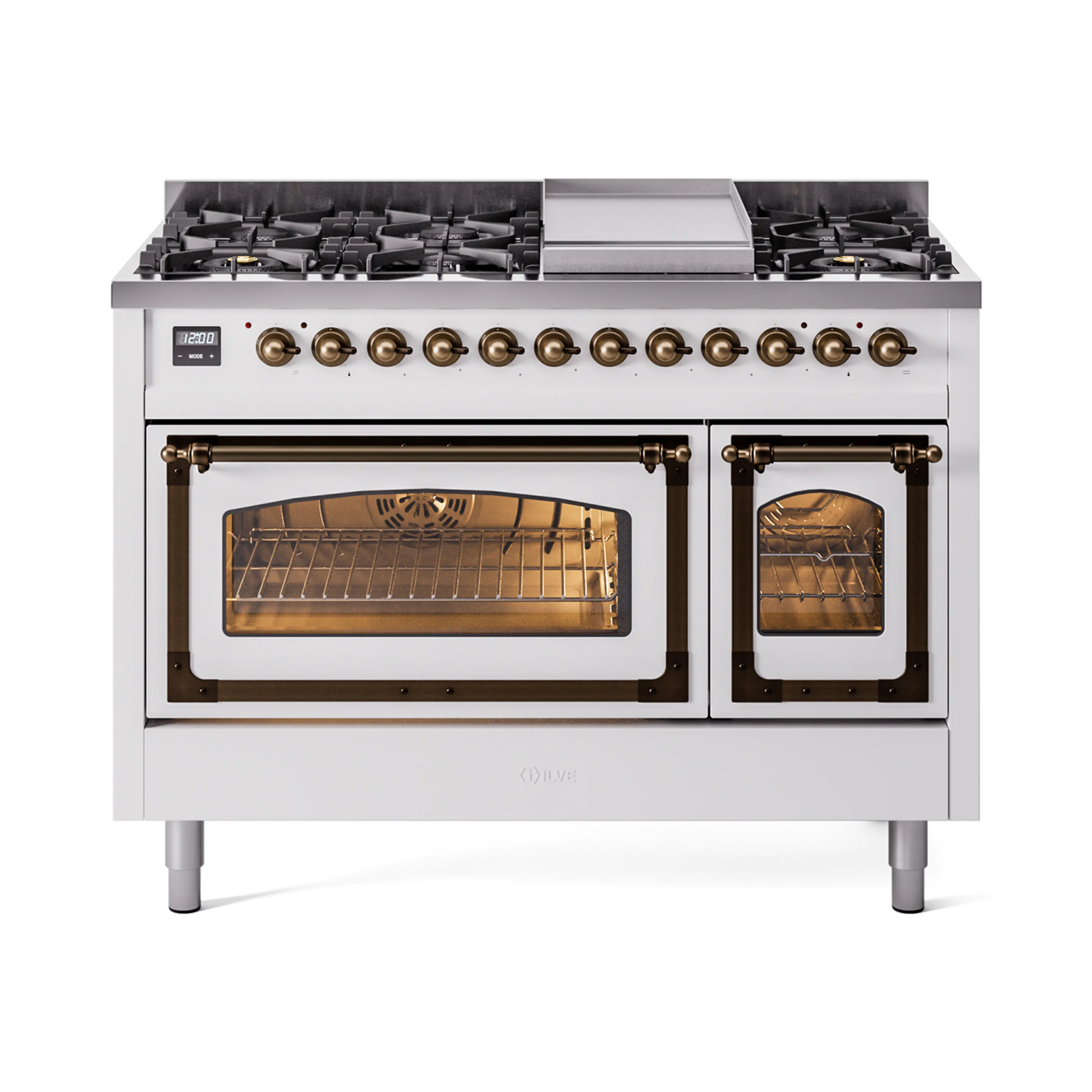 ILVE Nostalgie II Noblesse 48-Inch Dual Fuel Freestanding Range in White with Bronze Trim (UN48FNMPWHB)