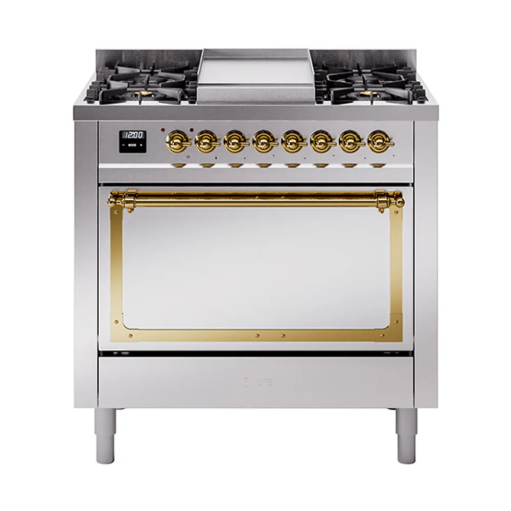 ILVE Nostalgie II Noblesse 36-Inch Dual Fuel Range and Solid Door Oven in Stainless Steel with Brass Trim (UN36FQNMPSSG)