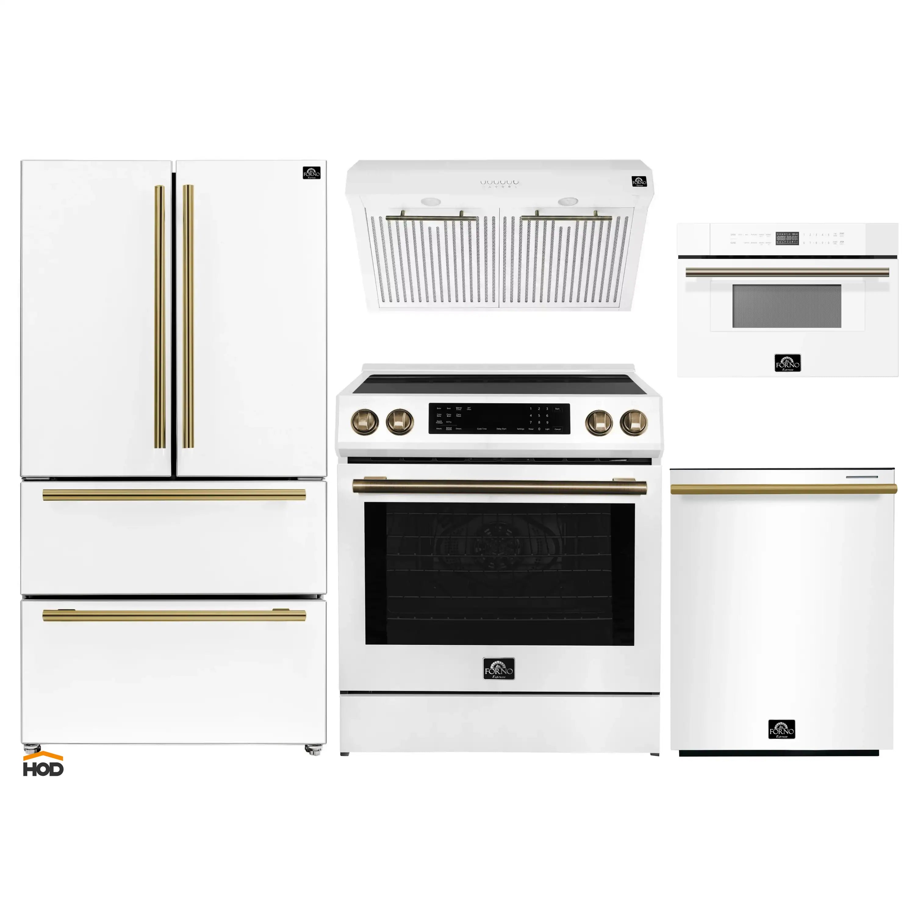 Forno 5-Piece Appliance Package - 30-Inch Induction Range, Under Cabinet Range Hood, French Door Refrigerator, Dishwasher, and 30-Inch Microwave Drawer in White with Antique Brass Trim