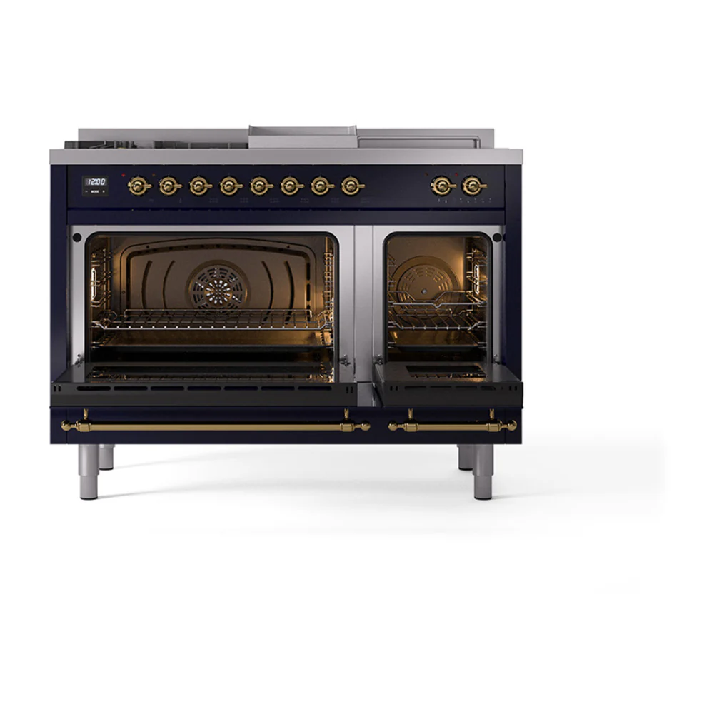 ILVE Nostalgie II 48-Inch Dual Fuel Range with 5 Burners, Griddle, & French Top, with Solid Door Oven in Midnight Blue with Brass Trim (UP48FSQNMPMBG)