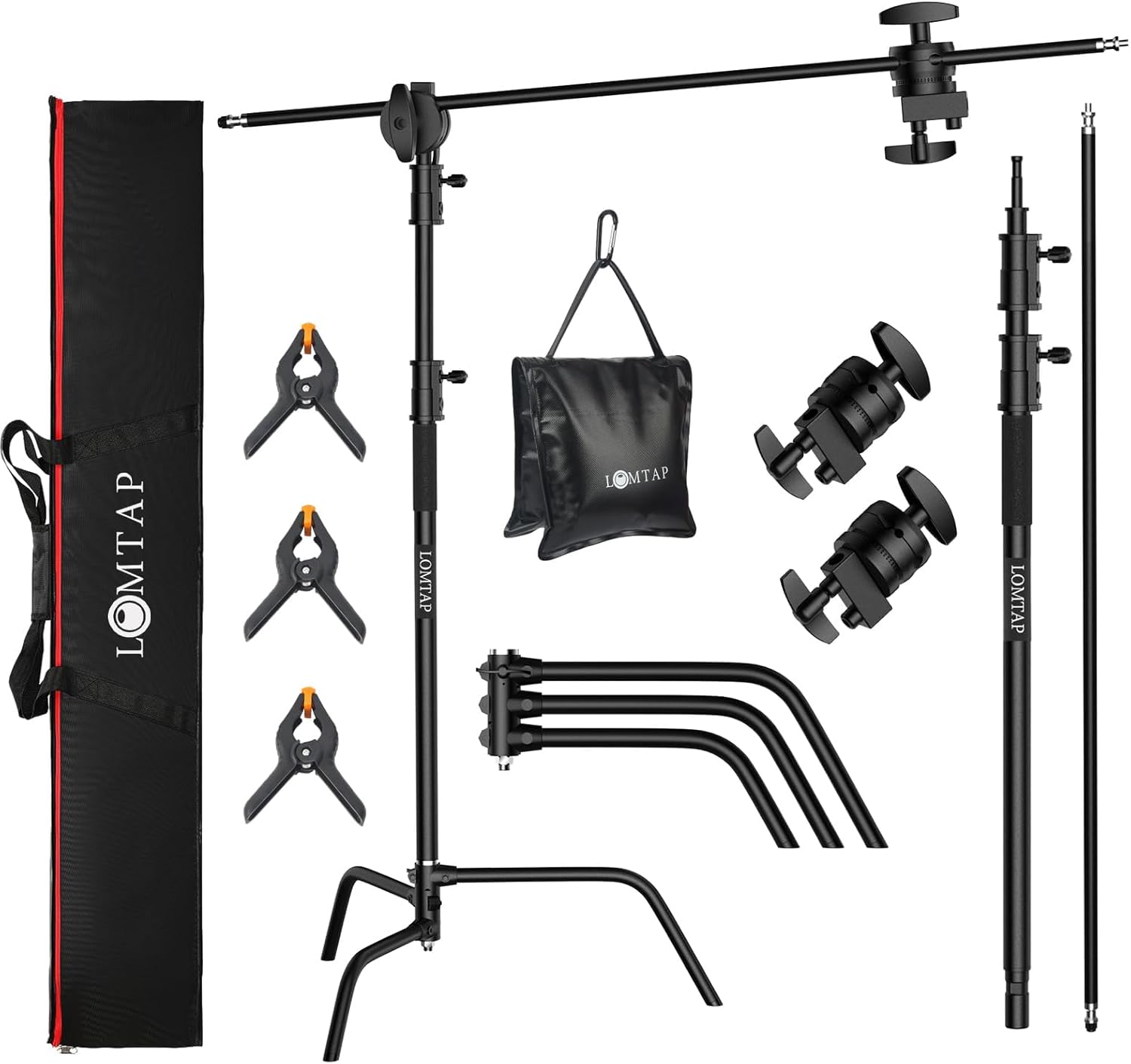 LOMTAP C Stand Light Stand Stainless Metal Photography Kit - Heavy Duty 6.8ft/210cm Vertical Pole, 2.8ft/87cm Boom Arm, Adjustable Base, Water Sandbag, 2 Grip Heads, 3 Clips for Softbox, Reflector