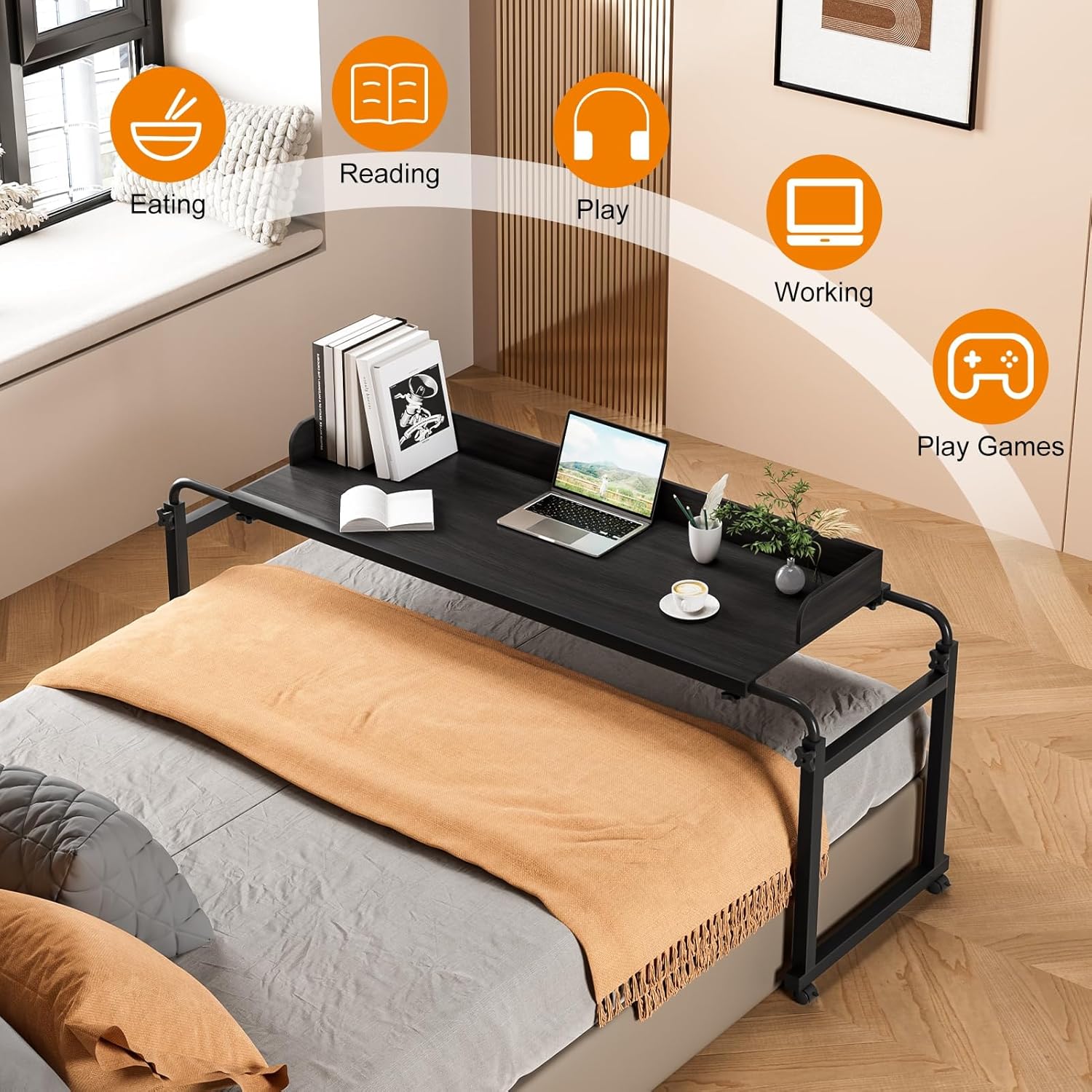 Overbed Bedside Table with Wheels | Adjustable Height Bed Table Over The Bed Rolling Laptop Desk,Mobile Standing Laptop Desk Rolling Computer Cart Movable Overbed Home Use ﻿ Matte Black