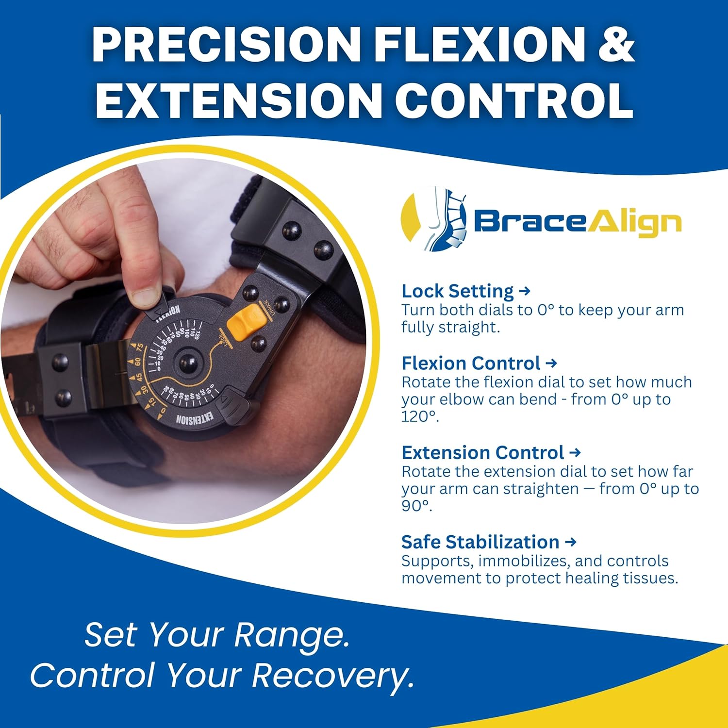 FlexRecover ROM Hinged Elbow Brace - Adjustable Post Op Elbow Stabilizer for Fractures, Ligament & Tendon Repairs, Bicep Repair, and Surgical Recovery - L3761 (Left Arm)