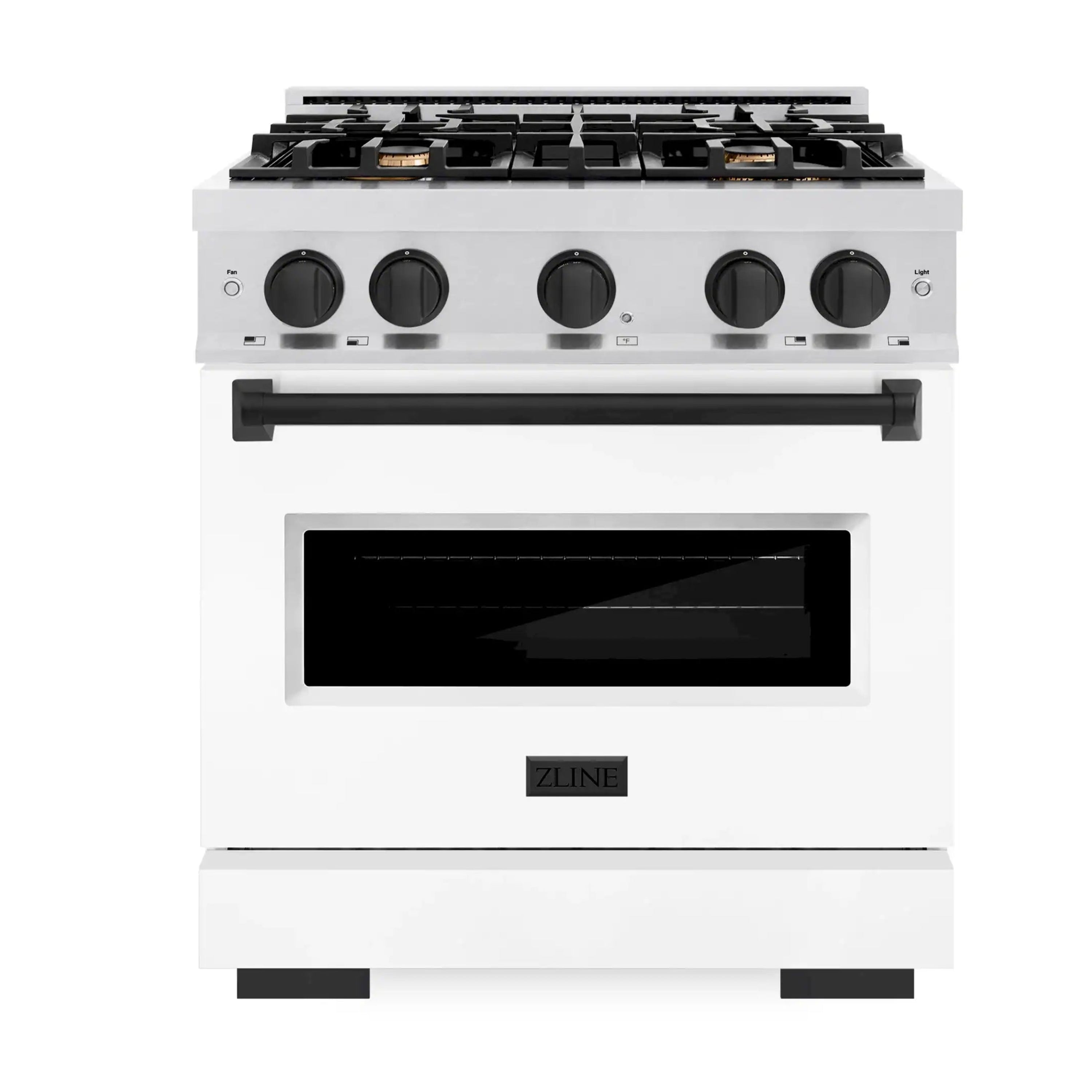 ZLINE Autograph Edition 30-Inch Classic Series Dual Fuel Range with 4 Gas Burner Cooktop and 4.2 Cu. Ft. Electric Convection Oven in Satin Stainless Steel with White Matte Door and Matte Black Accents (CDRSZ-WM-30-MB)