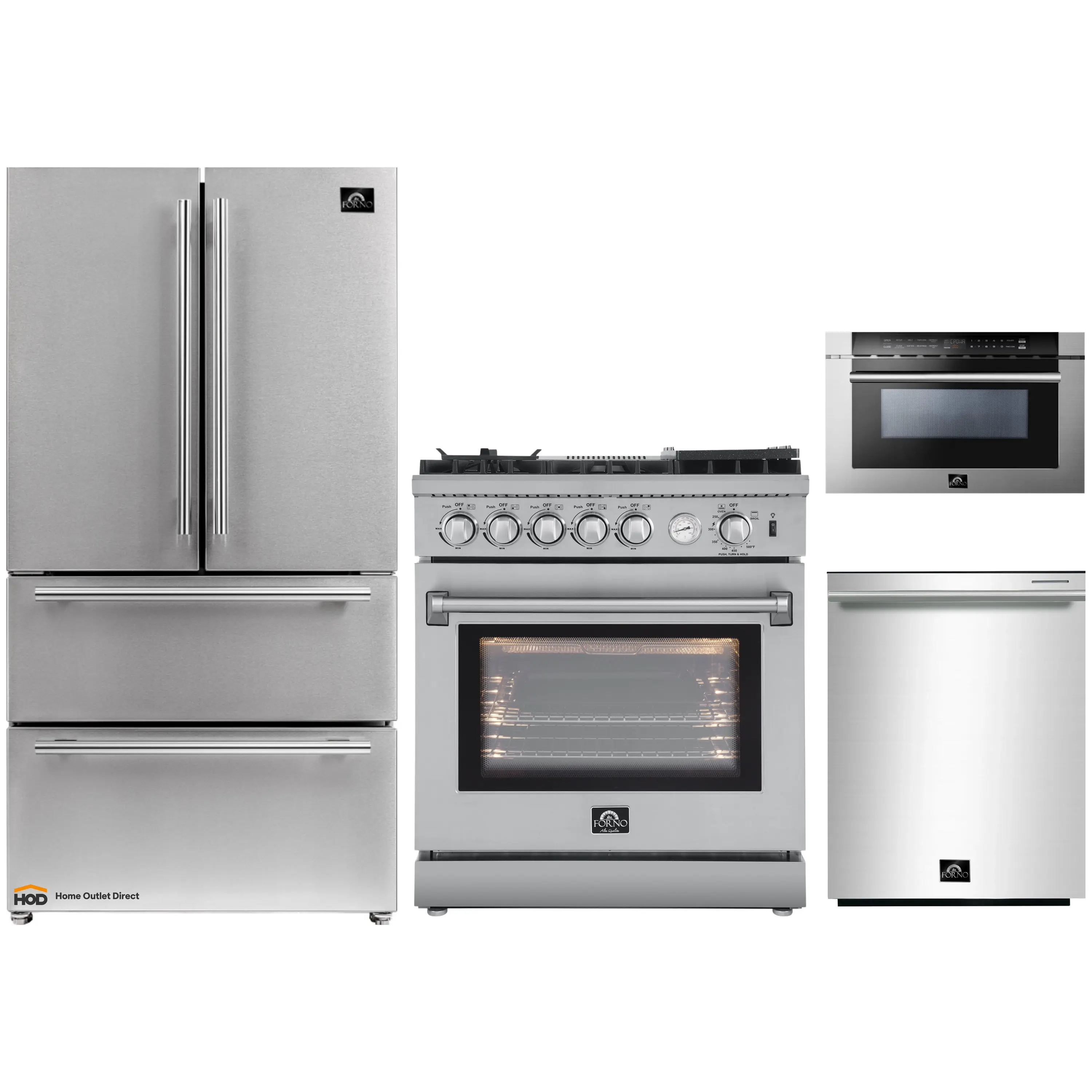 Forno 4-Piece Appliance Package - 30-Inch Gas Range with Air Fryer, Refrigerator, 24-Inch Microwave Drawer, & 3-Rack Dishwasher in Stainless Steel