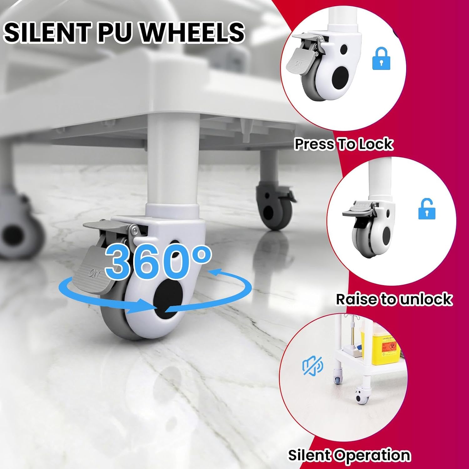 Medical Cart Professional 3-Tier Mobile with Wheels 110 LBS Max Load Rolling Cart with Drawers Dirt Bucket Sharps Box for Hospital Dental Clinic Home Medical Staff & Caregivers