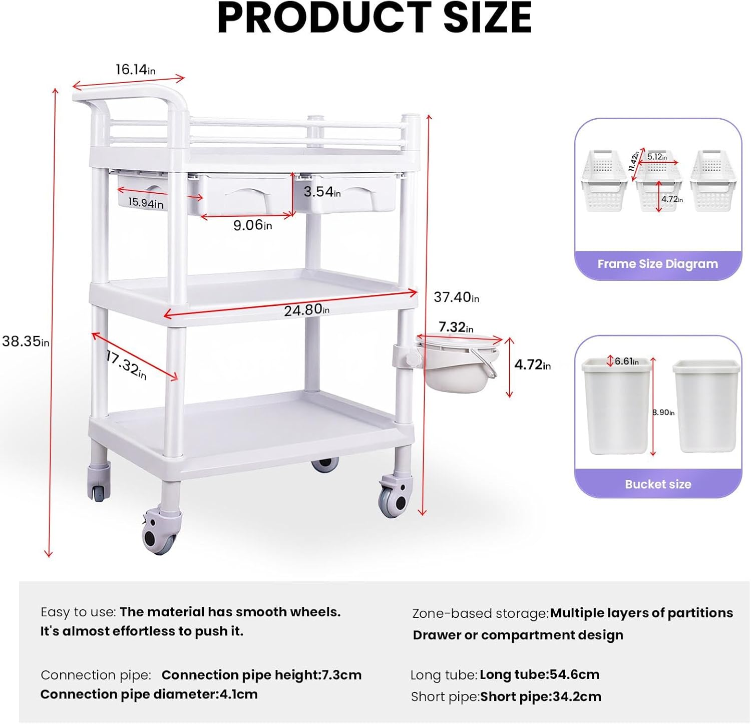 360° Rotate Silent Wheels Machine Trolley, 330lbs Mobile Utility Cart with Bucket and 2 Big Drawers, Esthetician 3 Tier Storage for Office, Home, Dental Hospital