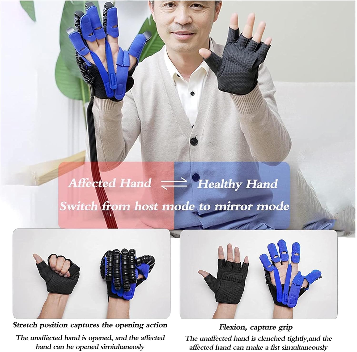 Rehabilitation Robot Gloves Hemiplegia Finger Trainer Stroke Hand Therapy Equipment, Hand Strengthener Orthosis for Longterm Relief Finger Cramps Arthritis Pain Relief (M,Blue)