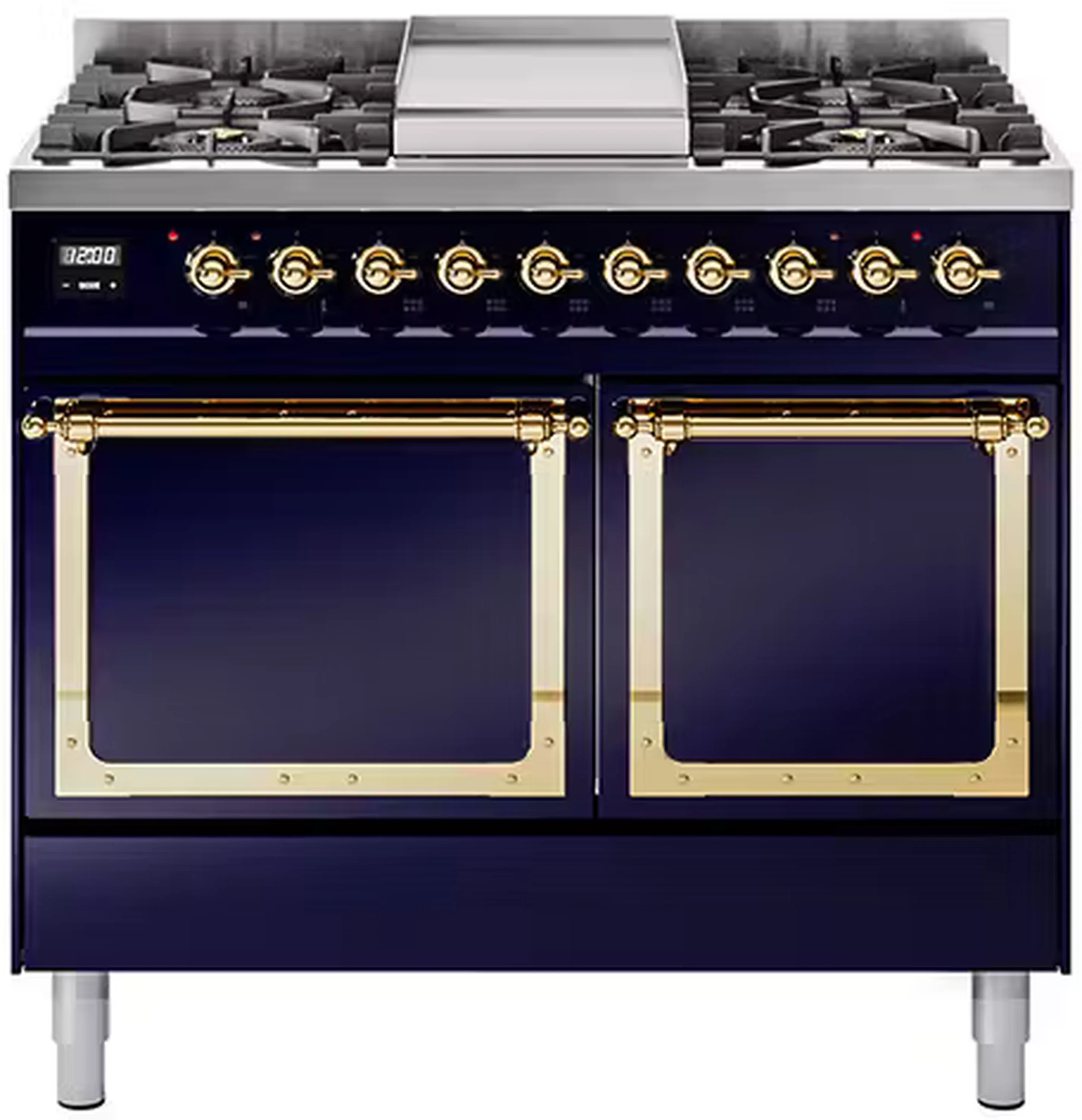 ILVE 40-Inch Nostalgie II Noblesse Dual Fuel Range with Solid Door Oven in Midnight Blue with Brass Trim (UND40FQNMPMBG)