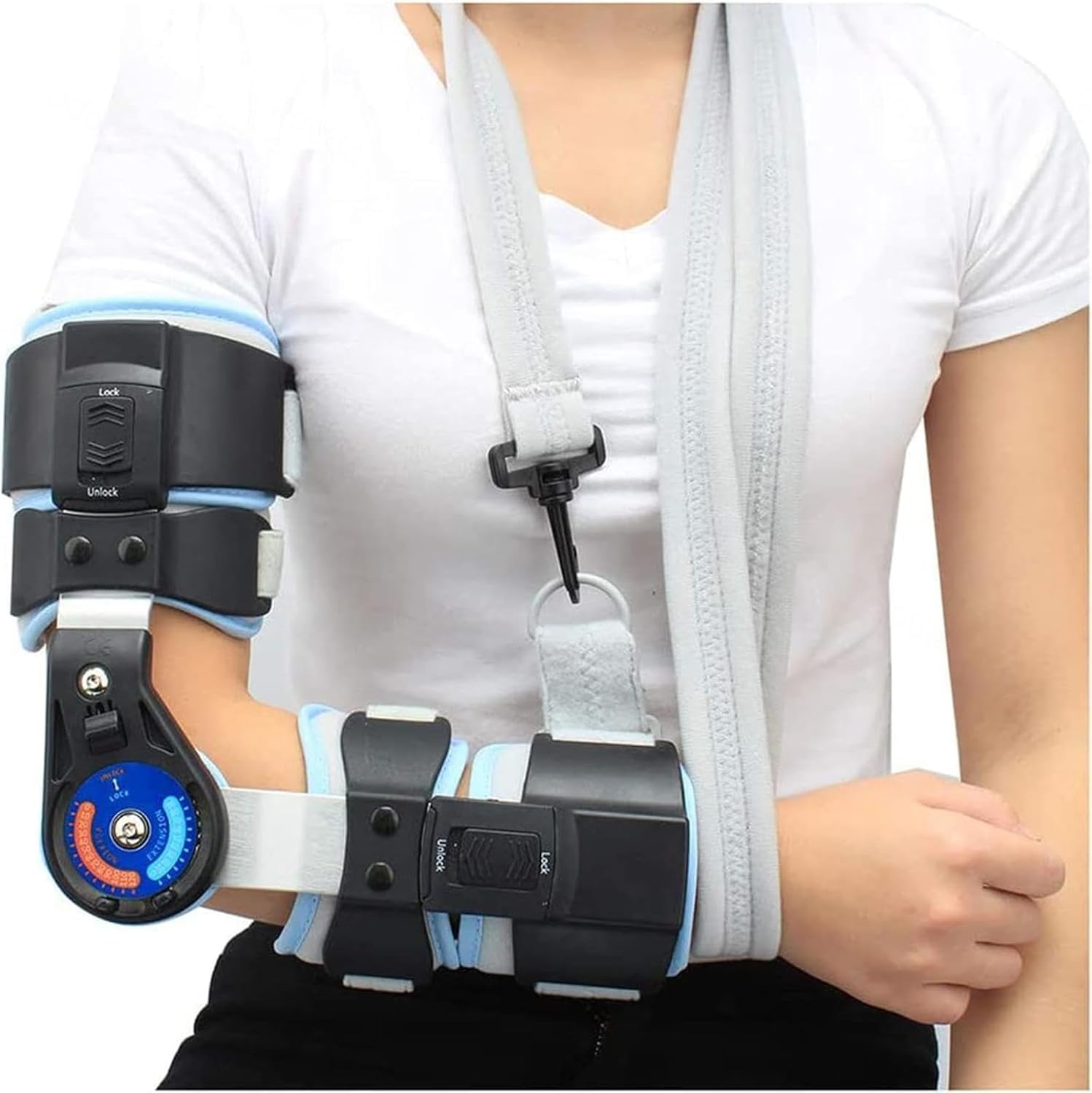 Hinged ROM Elbow Brace for Tendonitis and Tennis,Adjustable Post OP Elbow Brace with Shoulder Sling Stabilizer Splint,Arm Injury Recovery,Elbow Pain Relief,Men and Women