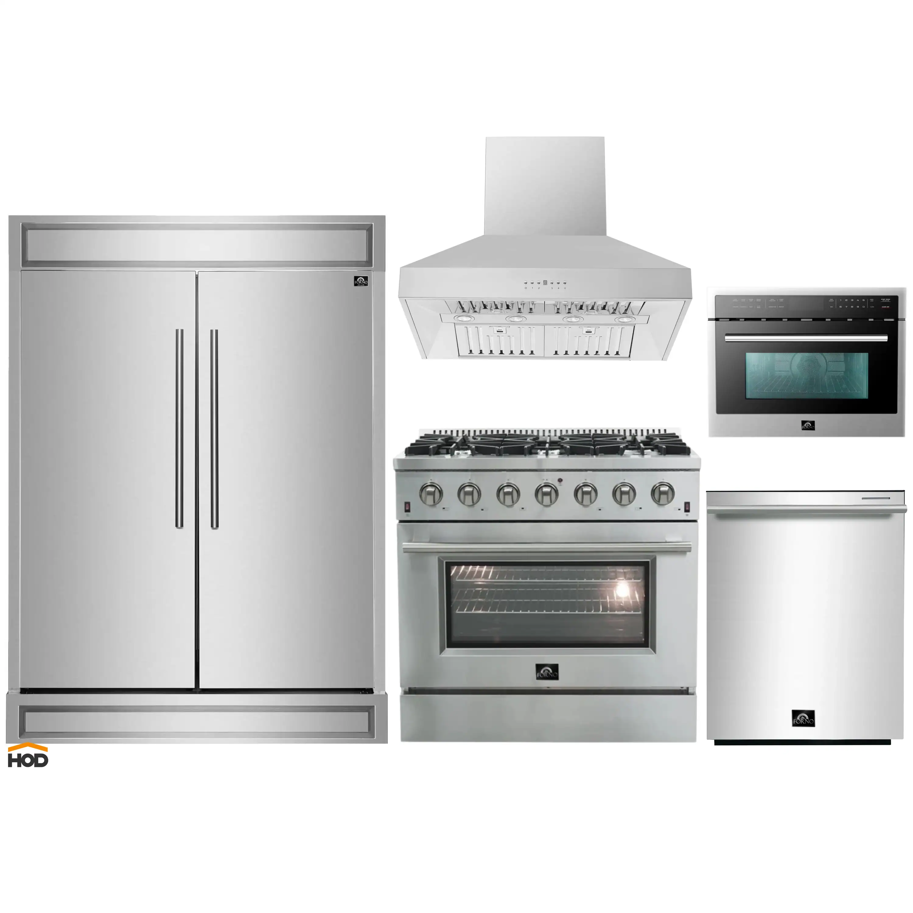 Forno 5-Piece Appliance Package - 36-Inch Gas Range, Refrigerator, Wall Mount Hood, 24-Inch Microwave Oven, & 3-Rack Dishwasher in Stainless Steel