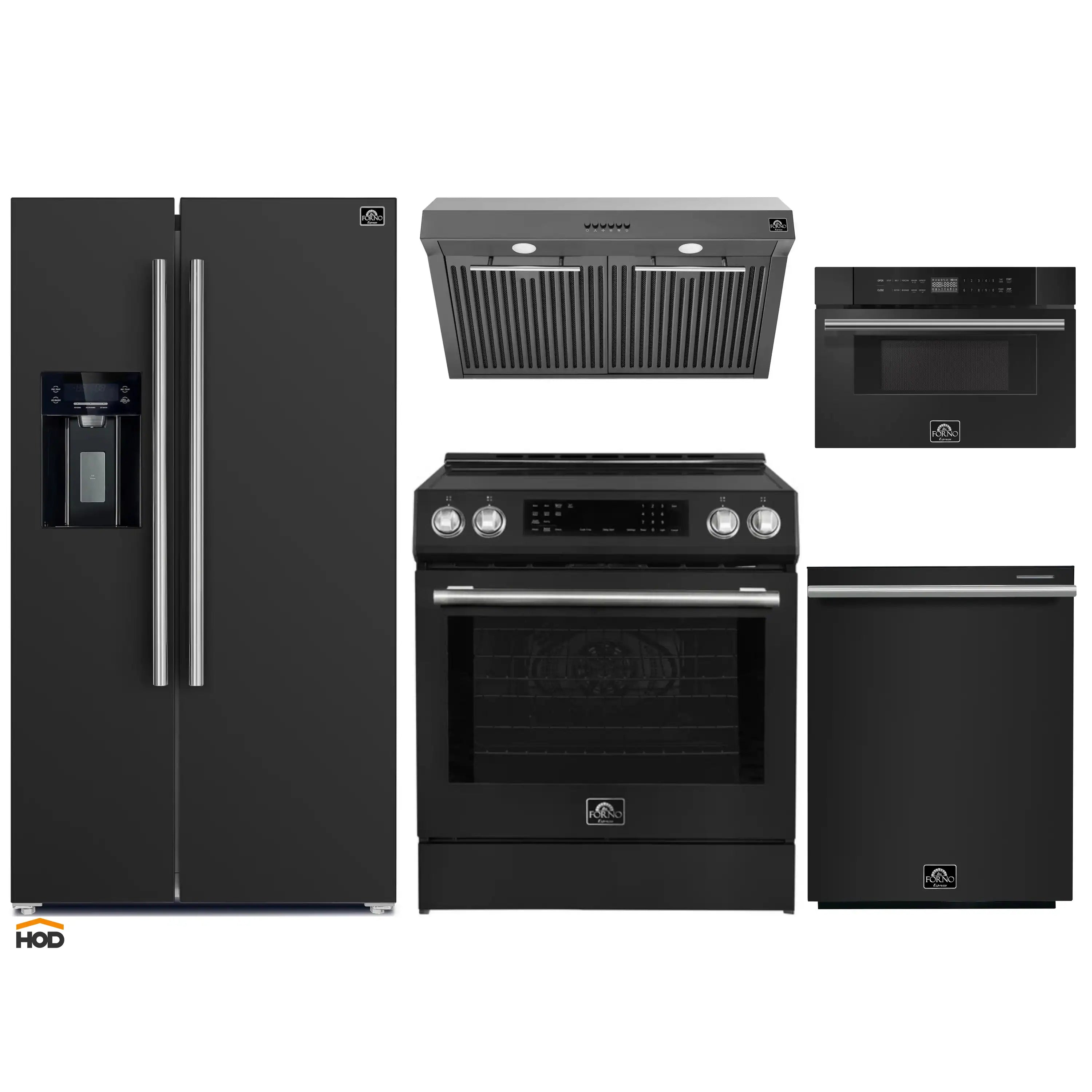 Forno 5-Piece Appliance Package - 30-Inch Induction Range, Under Cabinet Range Hood, Refrigerator with Water Dispenser, Dishwasher, and 30-Inch Microwave Drawer in Black with Stainless Steel Trim