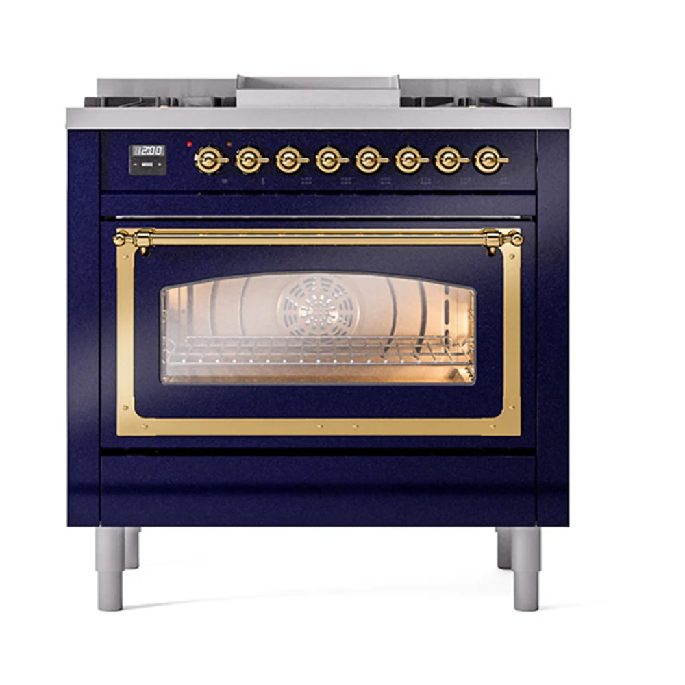 ILVE Nostalgie II Noblesse 36-Inch Dual Fuel Range and Triple Glass Door in Midnight Blue with Brass Trim (UN36FNMPMBG)