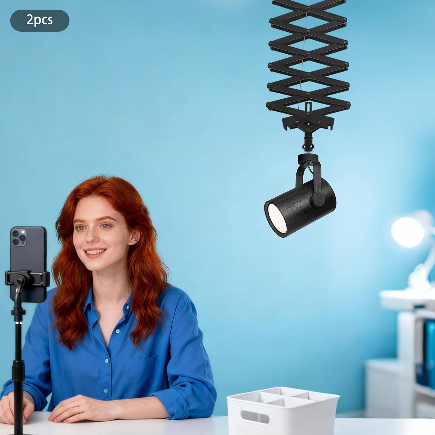 2 Packs 2M Drop Pantograph Ceiling Rail System, Stretch Ceiling Light Mount Support 21.7-78.7in Retractable Photograph Lighting Kit w/Pulley Safety Rope, Pantograph Studio Arm for Studio(22 LBS Load)