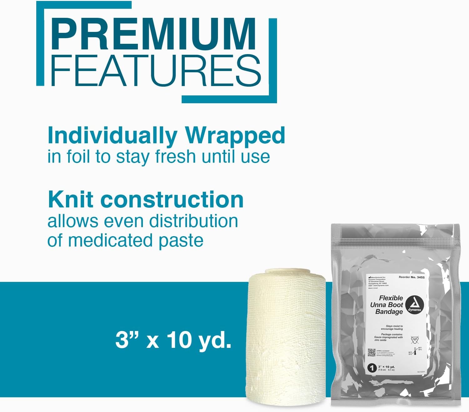 Dynarex Dürma+ Unna Boot Bandages with Zinc Oxide - Maintains Moist Environment and Provides Compression for Leg Ulcers, Edema, Sprains - 3