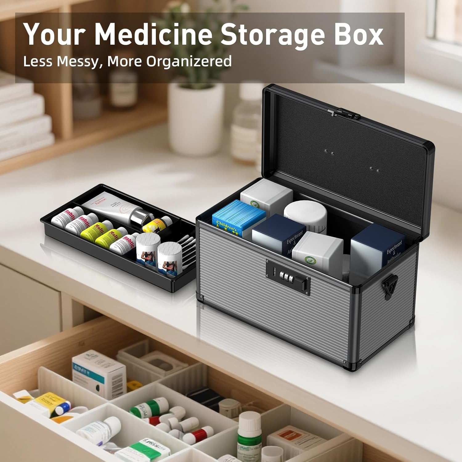 Medicine Lock Box with Code, Locking Medicine Box with Removable Tray & Pocket Bag, Portable First Aid Box for Home, 16 * 9.25 * 7.5 Inch (Black, X-Large-16inch)