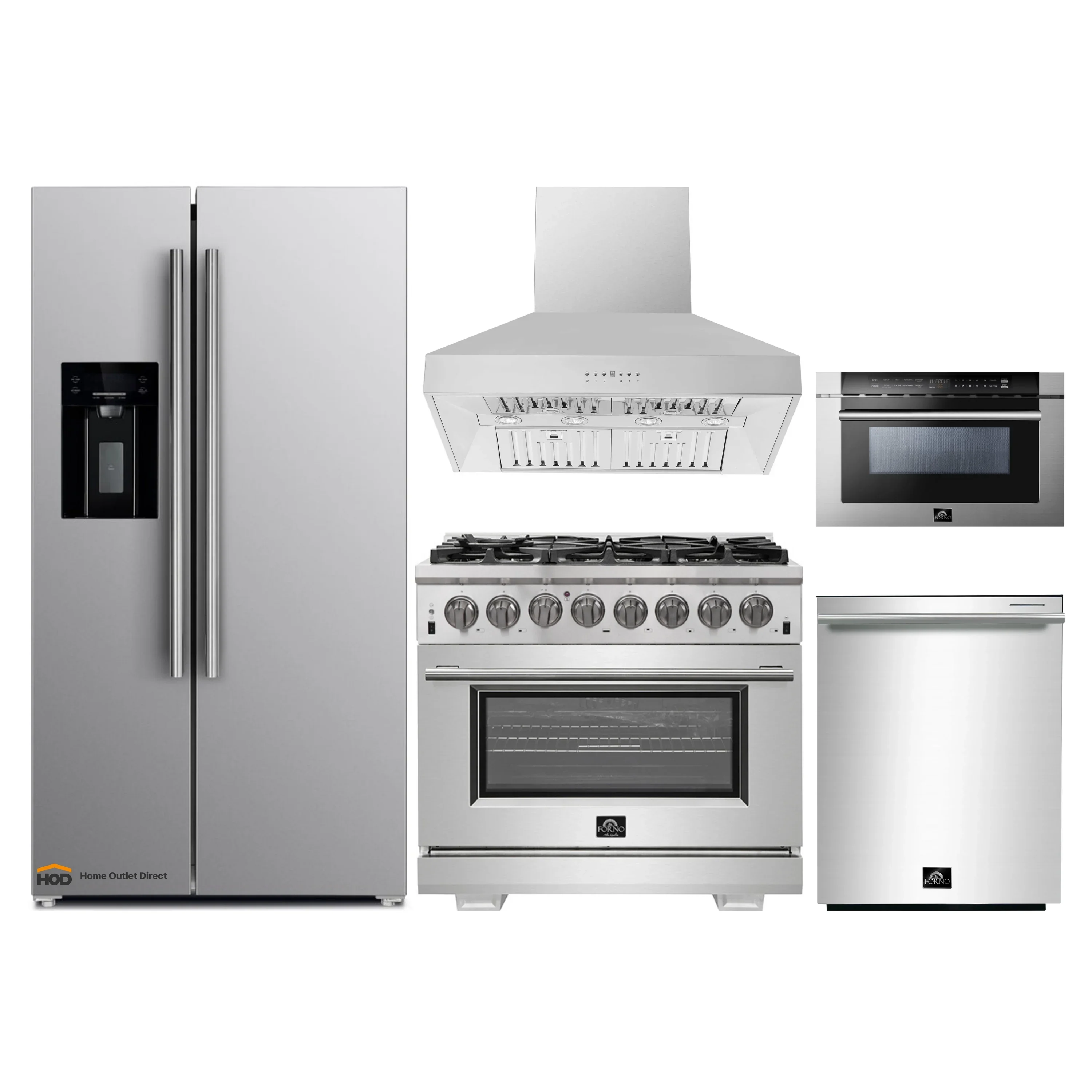 Forno 5-Piece Pro Appliance Package - 36-Inch Dual Fuel Range, Refrigerator with Water Dispenser, Wall Mount Hood, 24-Inch Microwave Drawer, & 3-Rack Dishwasher in Stainless Steel