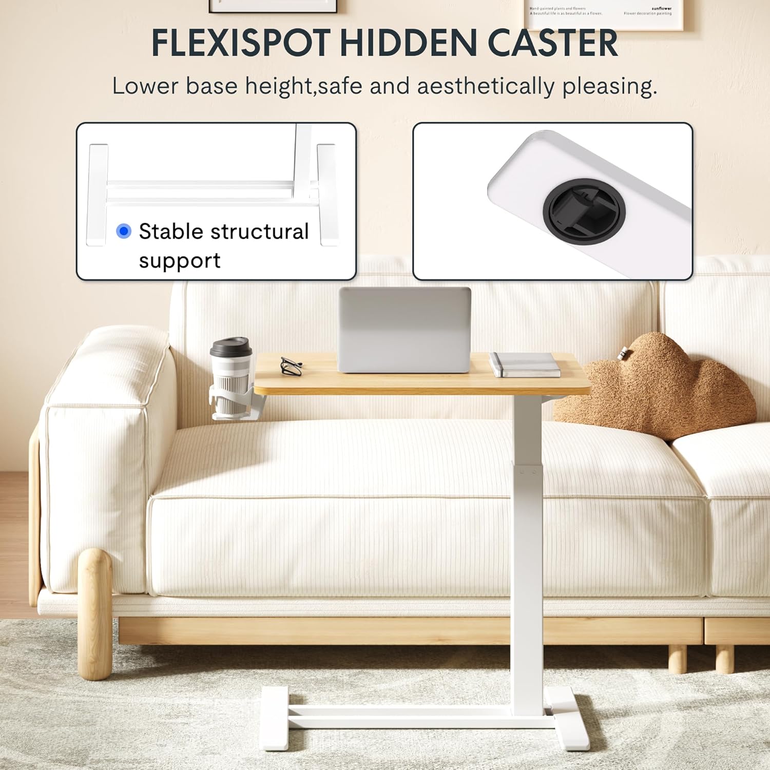 FLEXISPOT H7 Adjustable Overbed Bedside Table with Wheels Pneumatic Mobile Standing Desk Laptop Desk Rolling Computer Cart Movable Overbed Table Hospital Home Use(27.6